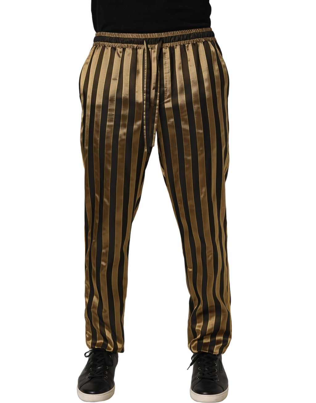 Pantalon fuselé homme Dolce & Gabbana en satin noir rayé or