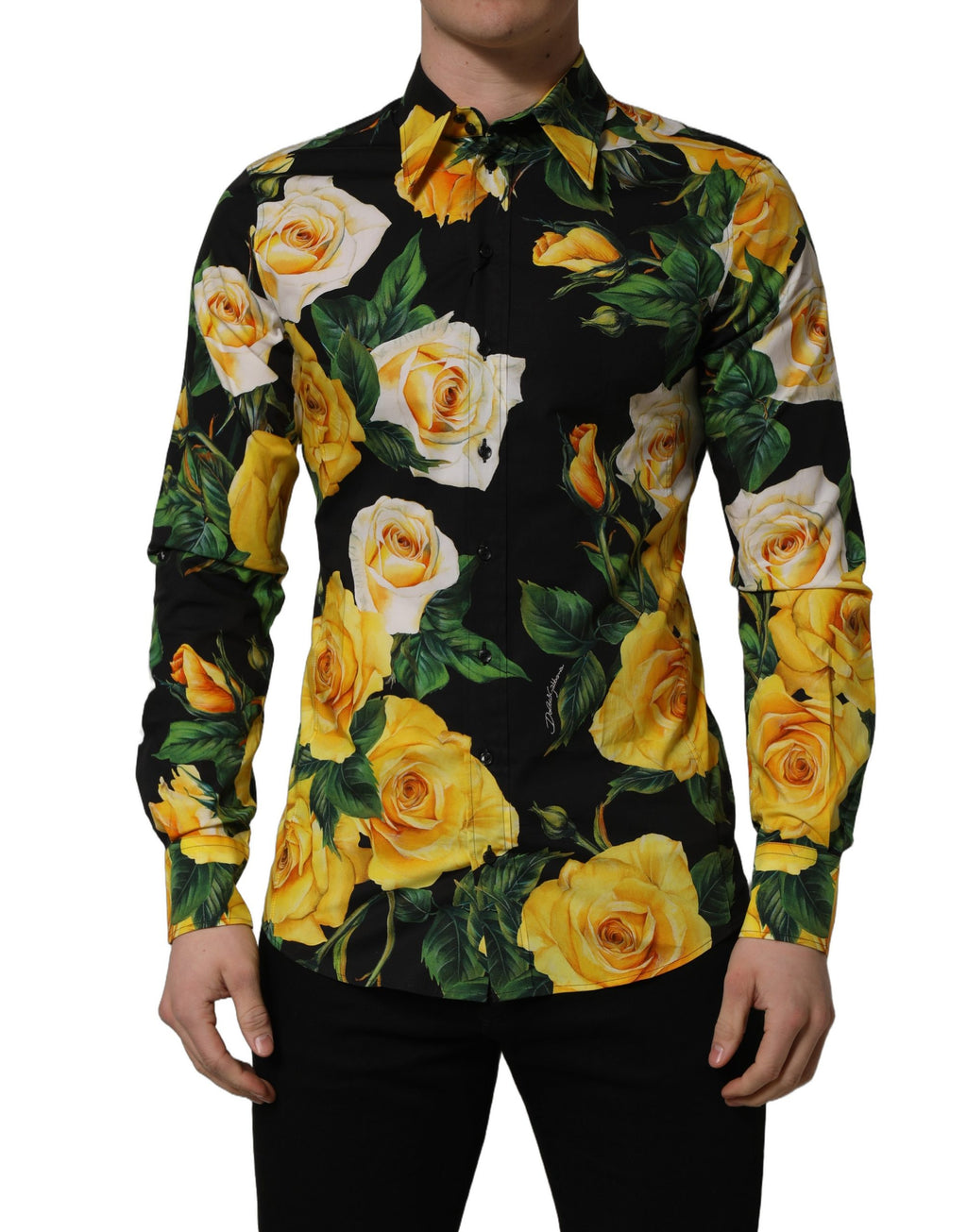 Chemise Dolce & Gabbana en coton stretch noir à motifs floraux coupe SICILIA