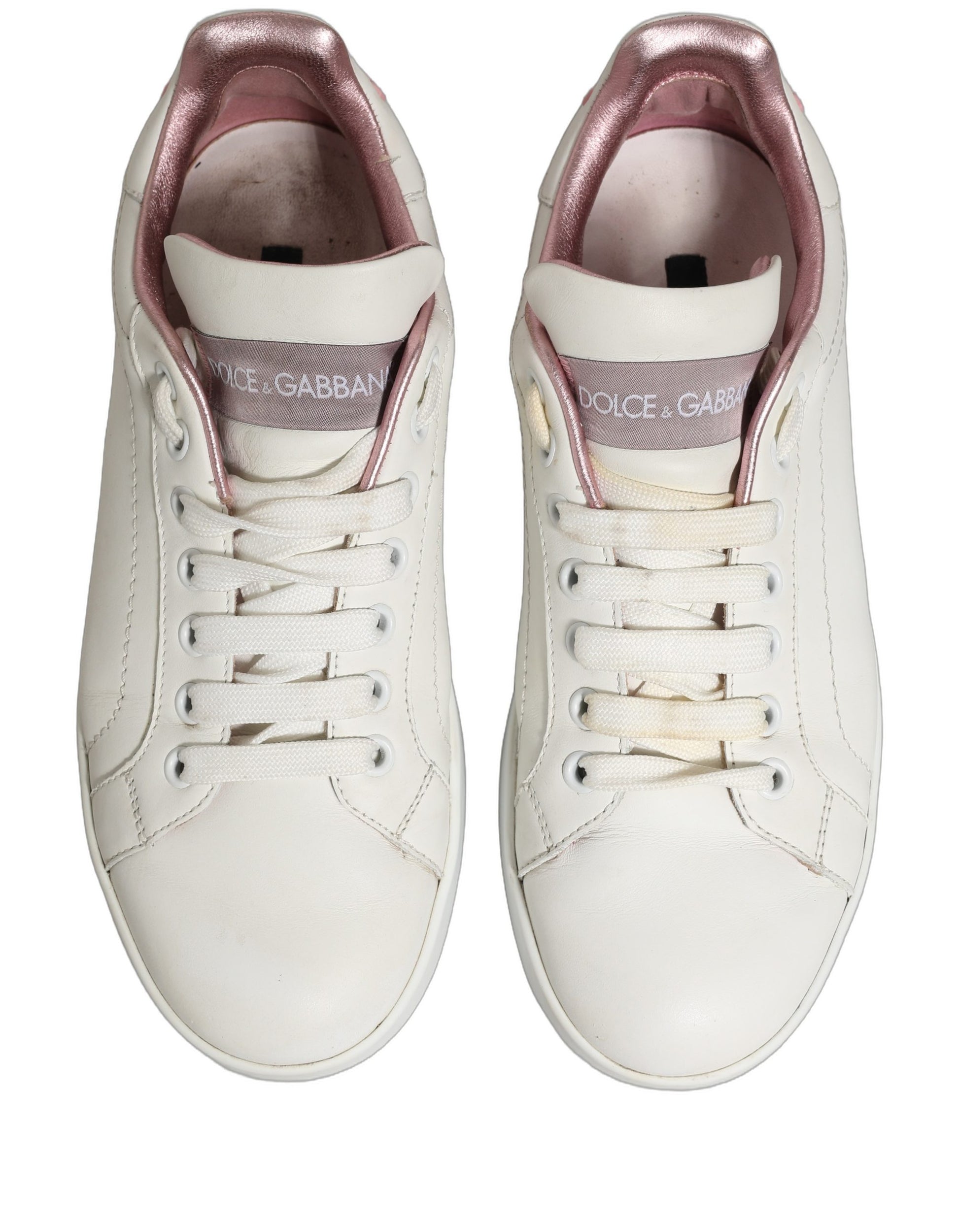 Dolce & Gabbana White Pink Leather Low Top Sneakers Shoes