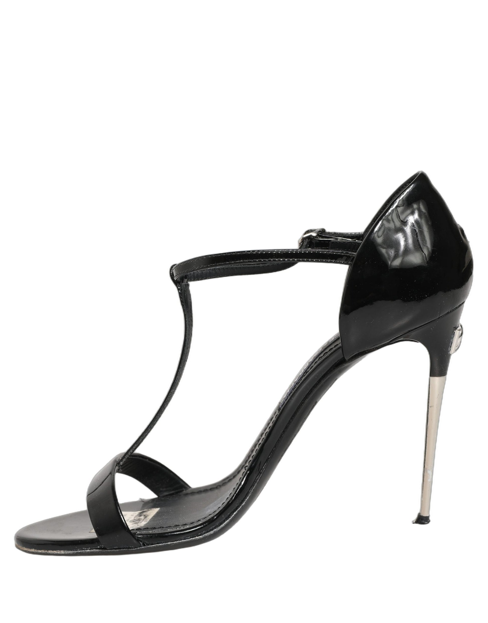 Chaussures Sandales à Talons Brides en T en Cuir Noir Dolce & Gabbana