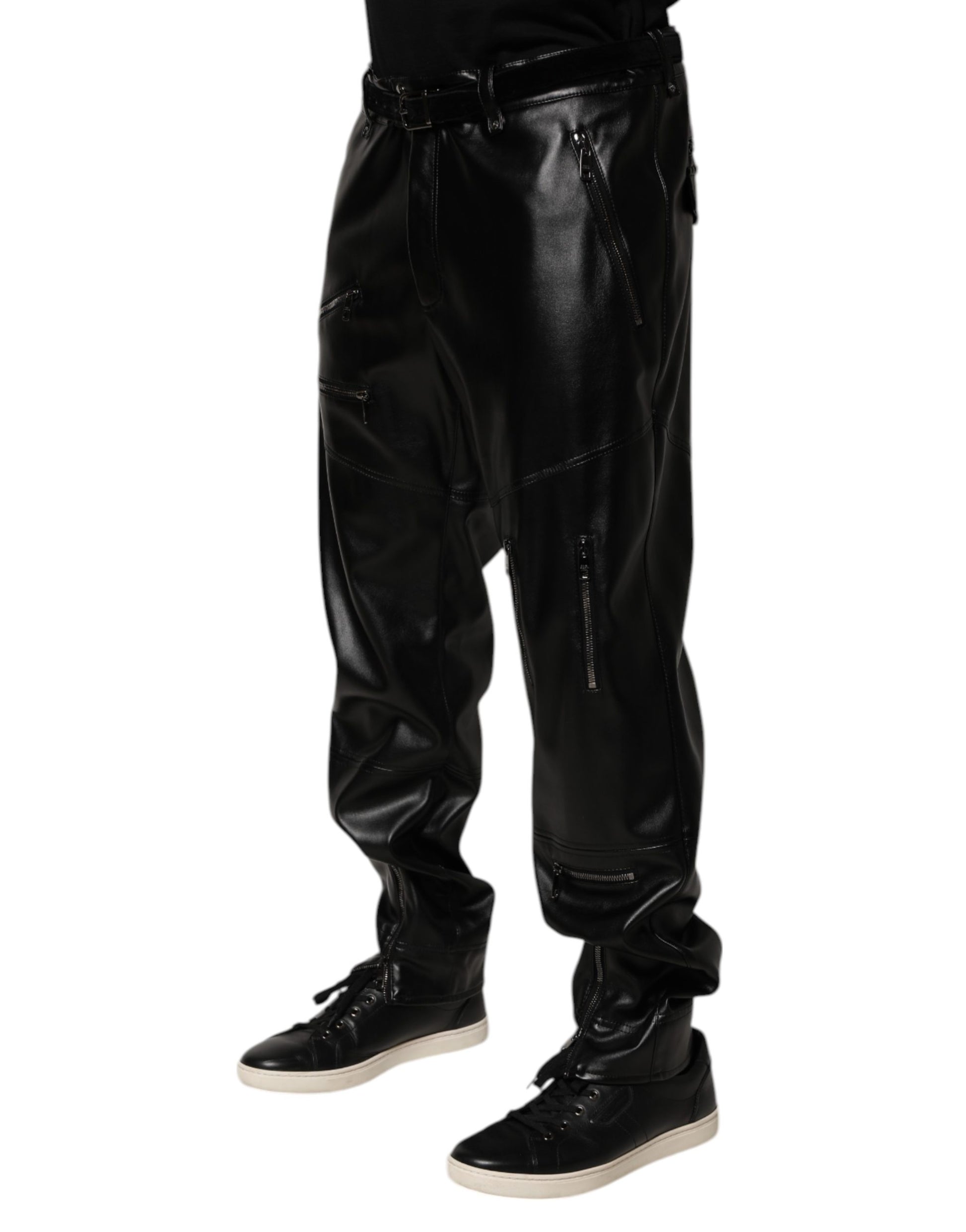 Dolce & Gabbana Black PU Leather Zipper Men Trouser Pants