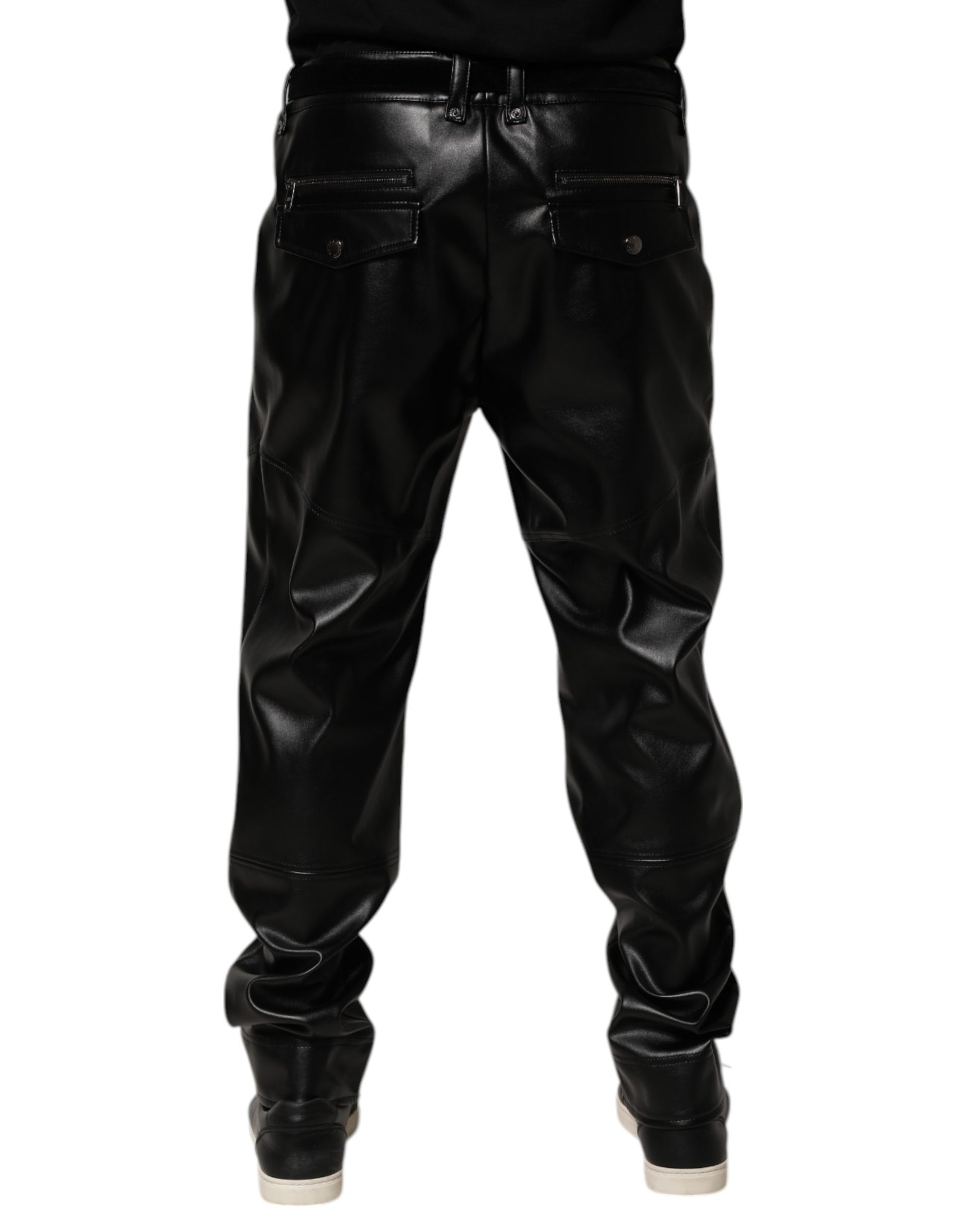 Dolce & Gabbana Black PU Leather Zipper Men Trouser Pants