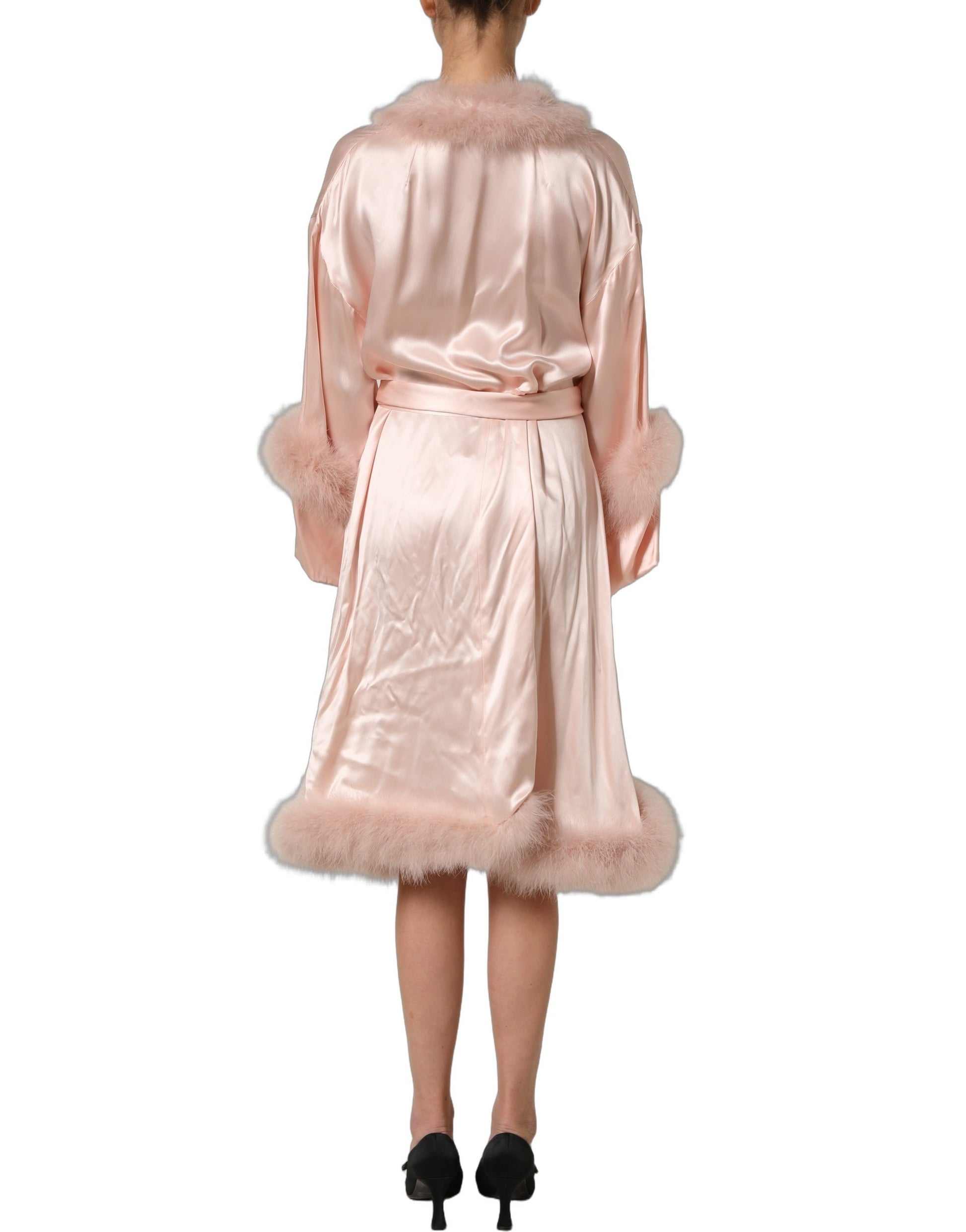 Dolce & Gabbana Light Pink Silk Turkey Feather Wrap Midi Dress