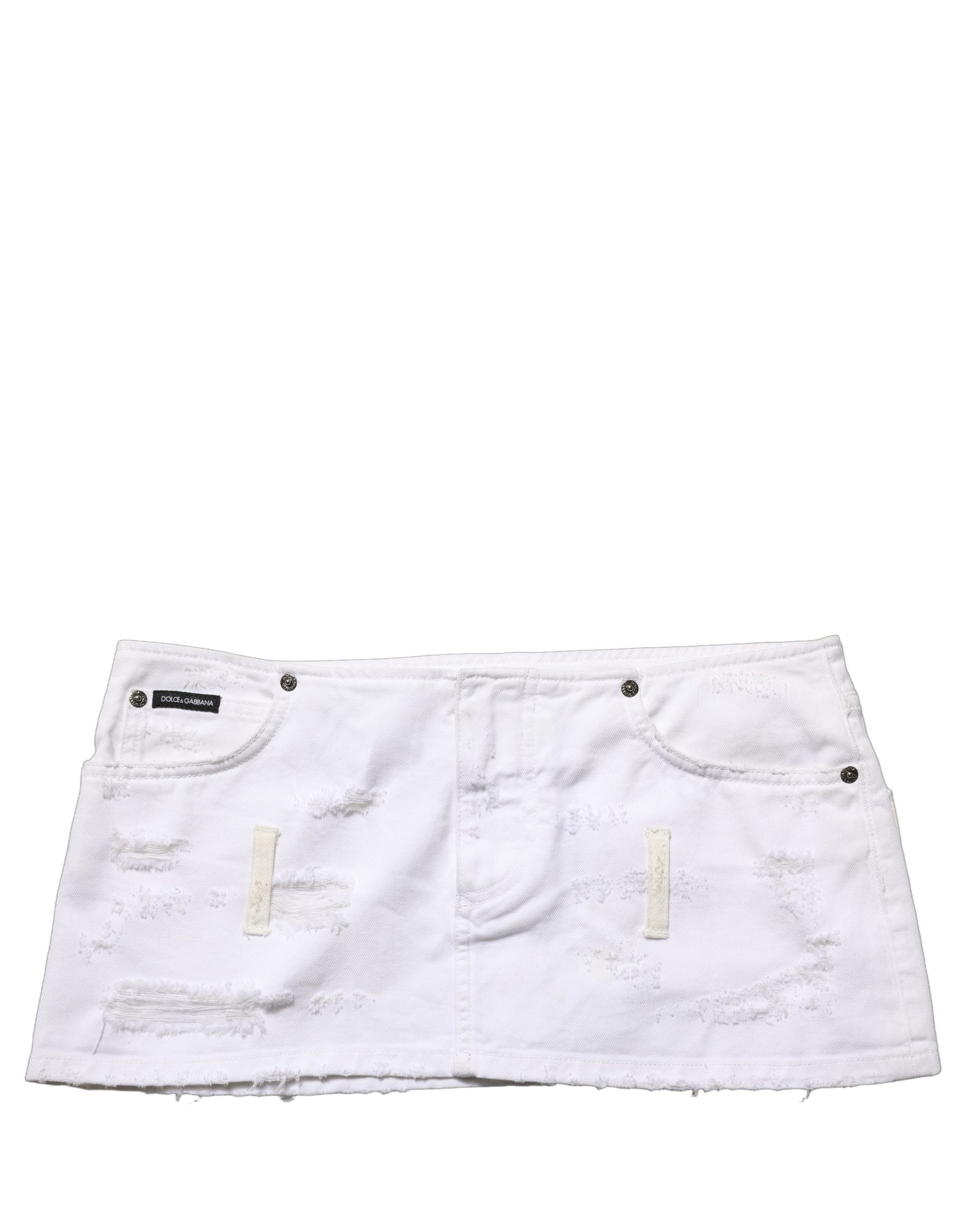 Dolce & Gabbana White Distressed Cotton Denim Mini Skirt
