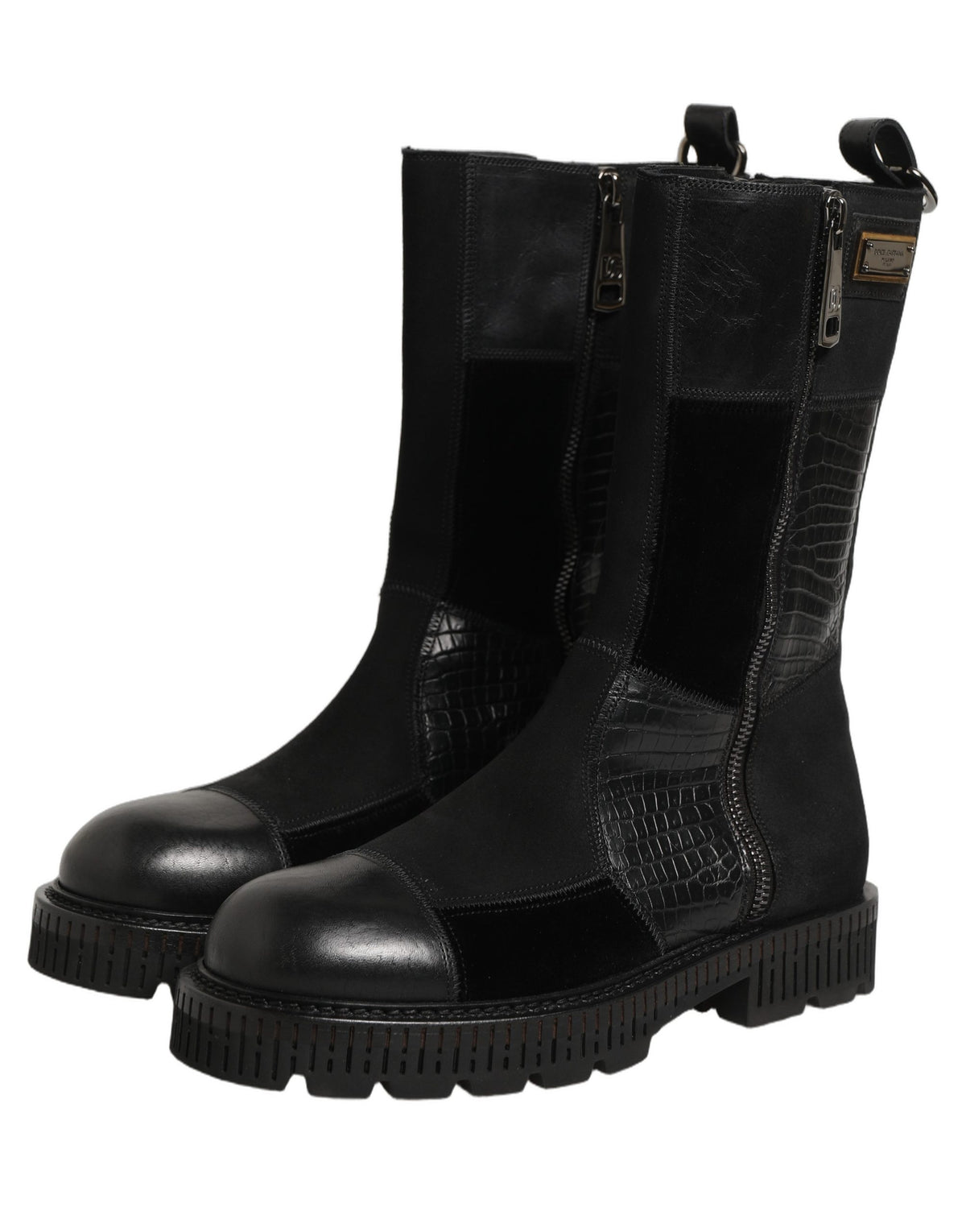Dolce & Gabbana Schwarze Patchwork-Leder Mid-Calf Stiefel Schuhe