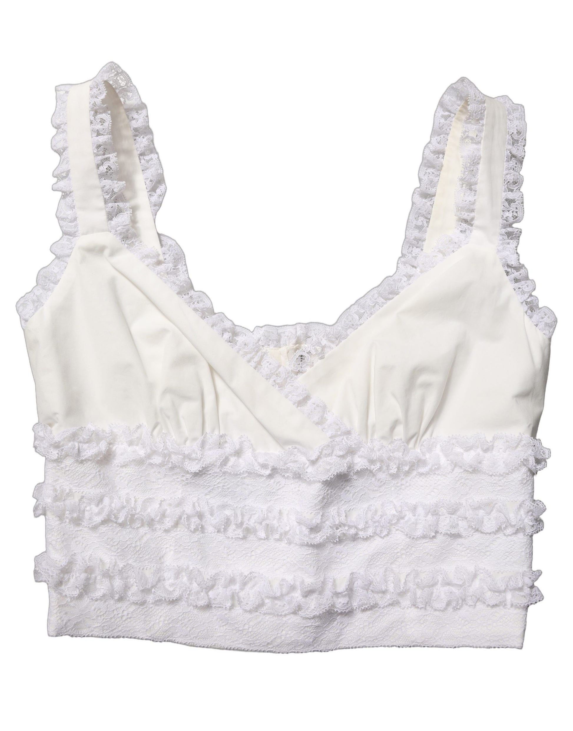 Dolce & Gabbana White Lace Trimmed Cotton Cropped Tank Top