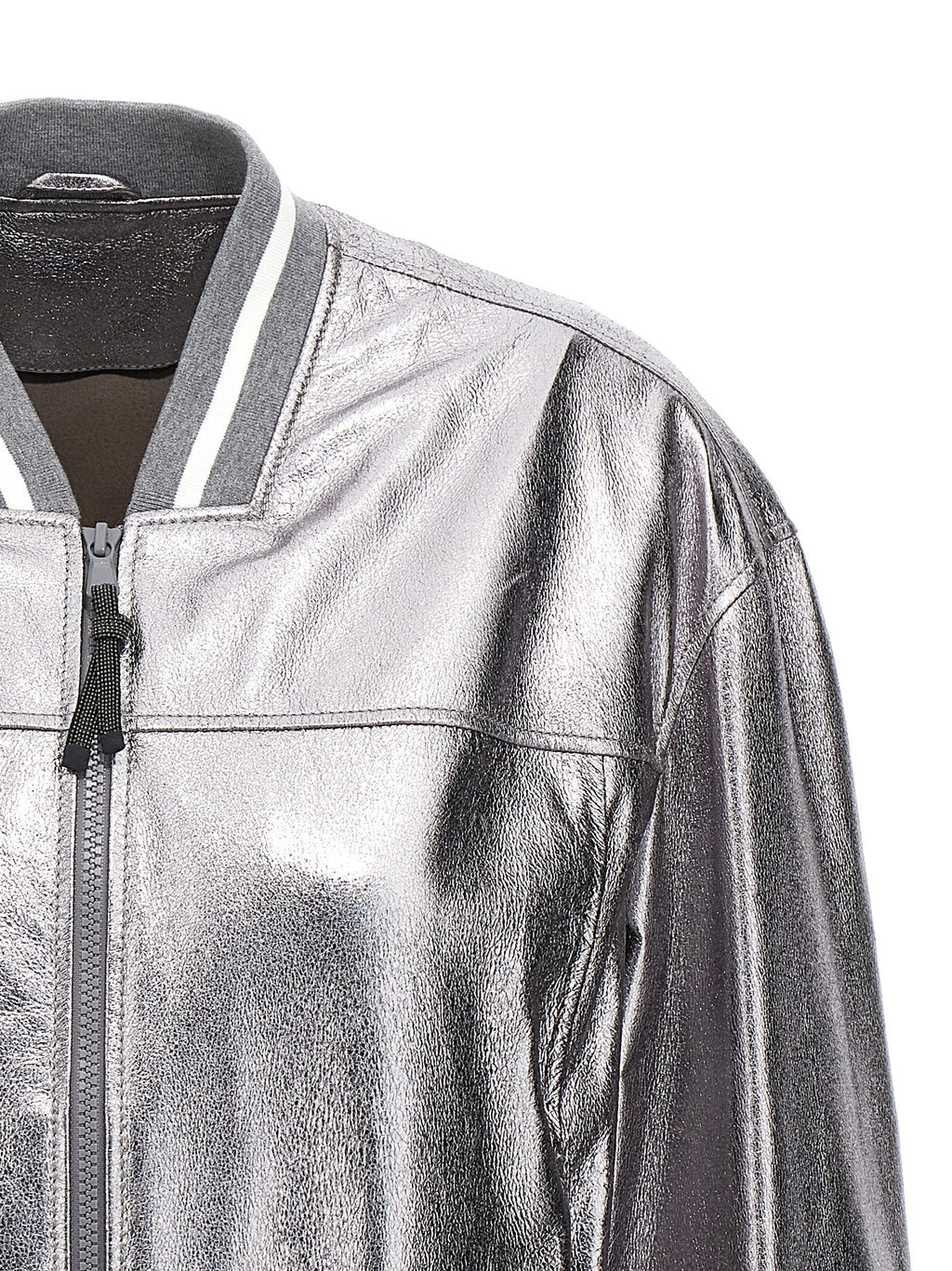 Brunello Cucinelli Silver Leather Bomber
