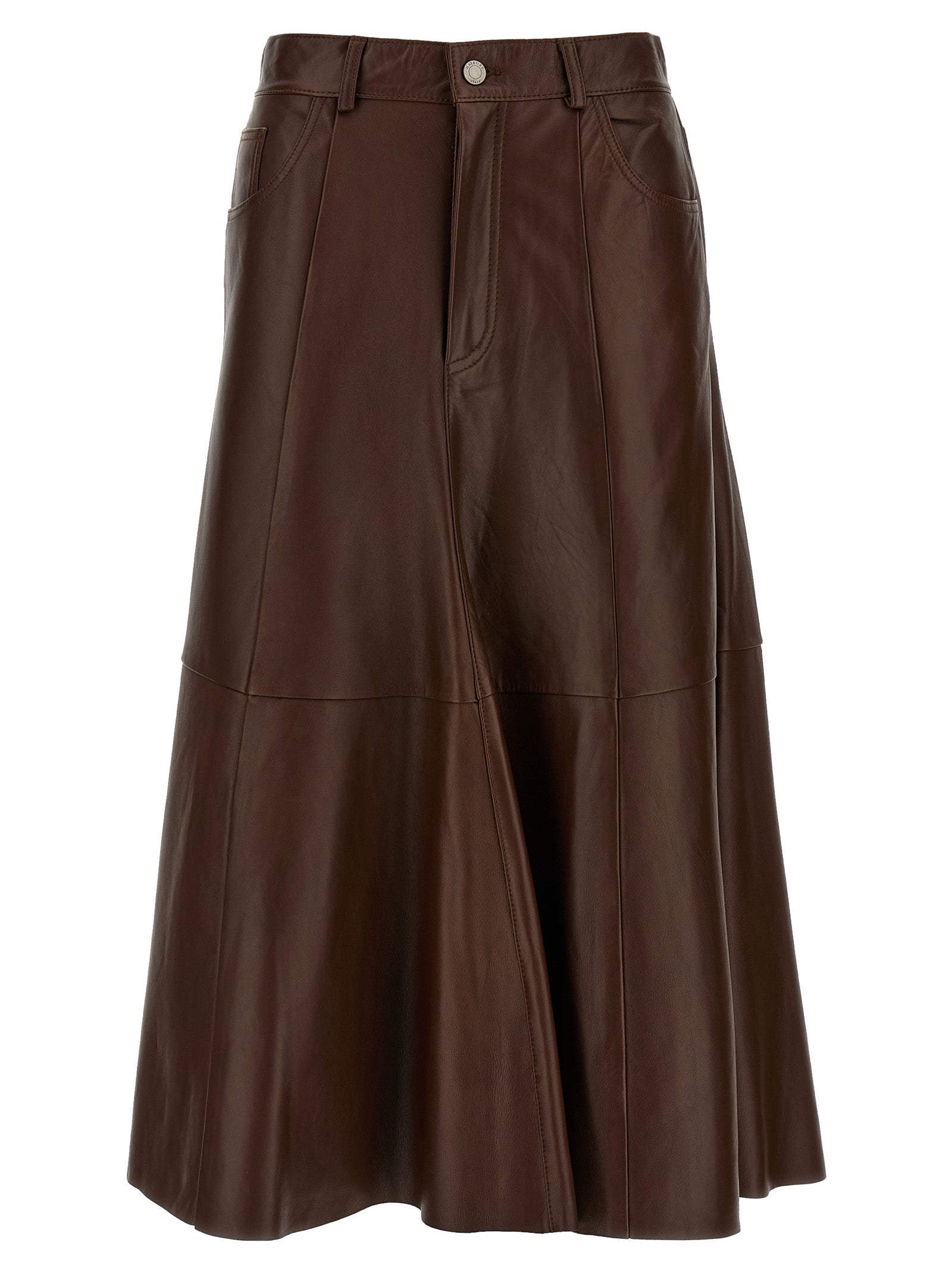 Haikure Brown Lamb Leather Midi Skirt