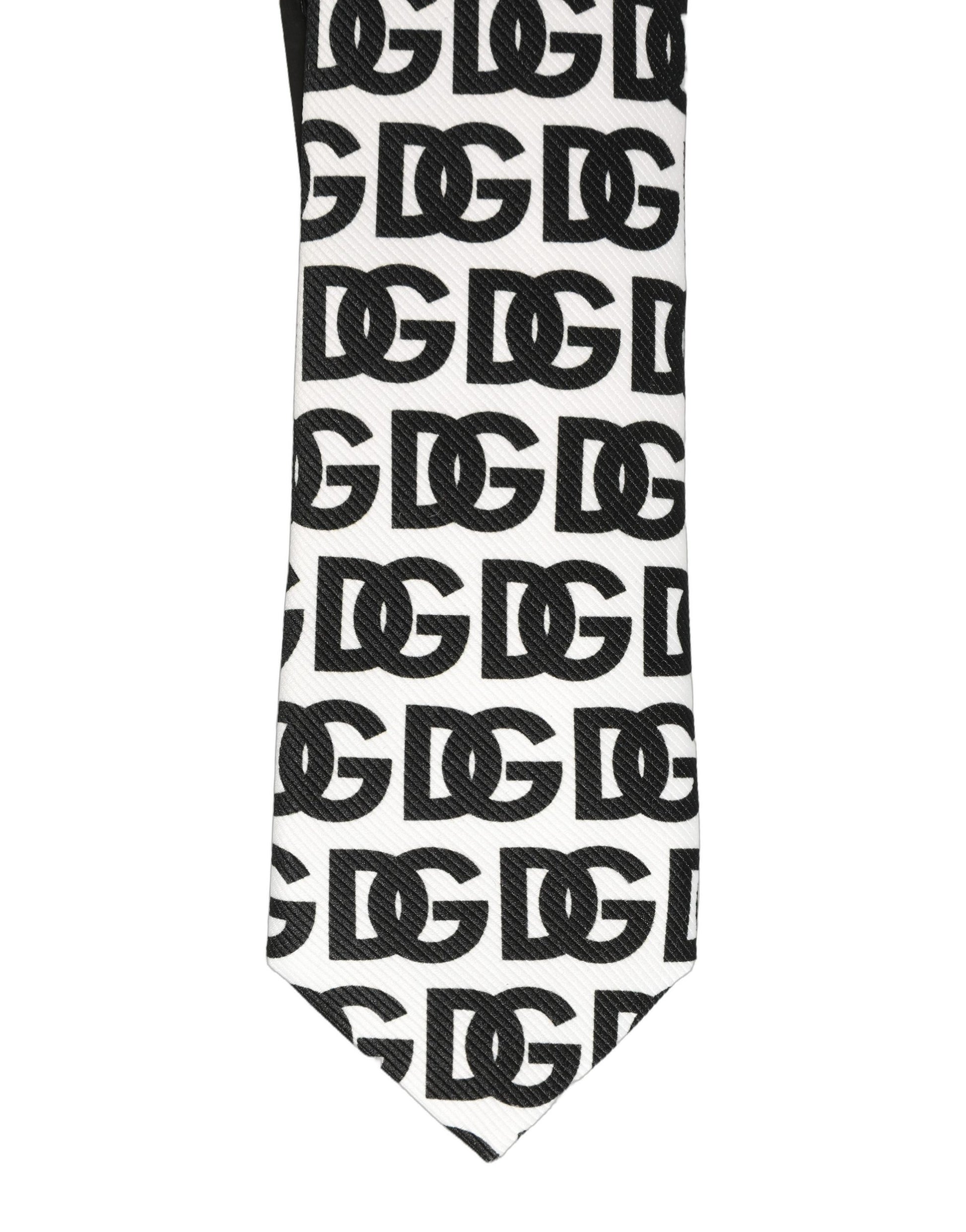 Dolce & Gabbana White Black Logo Monogram Wide Adjustable Men Necktie Tie