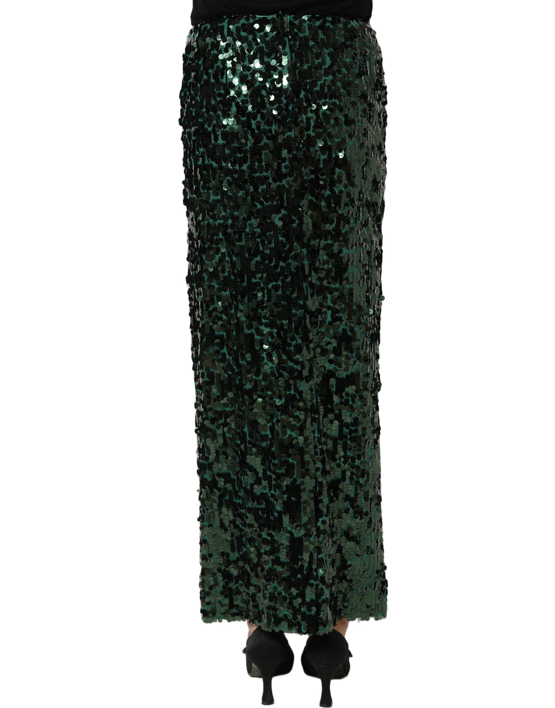 Dolce & Gabbana Green Sequin High Waist Pencil Cut Midi Skirt