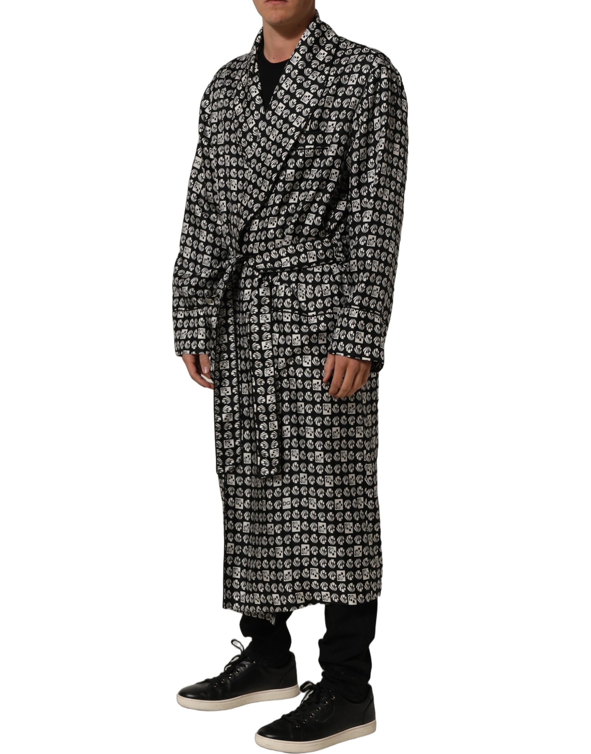Dolce & Gabbana Black White Silk Men Wrap Robe Coat Jacket