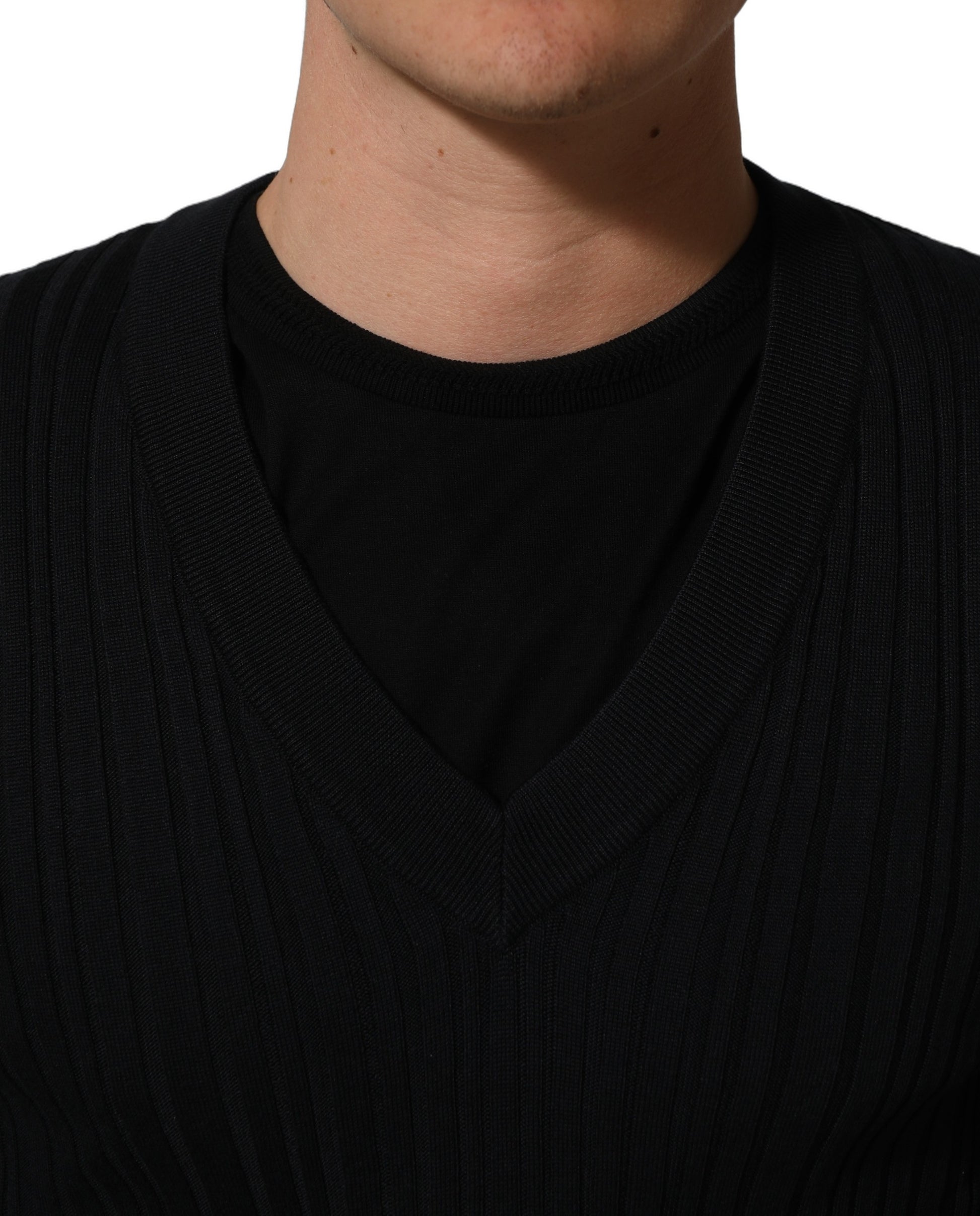 Dolce & Gabbana Black Silk Blend V-neck Pullover Men Sweater