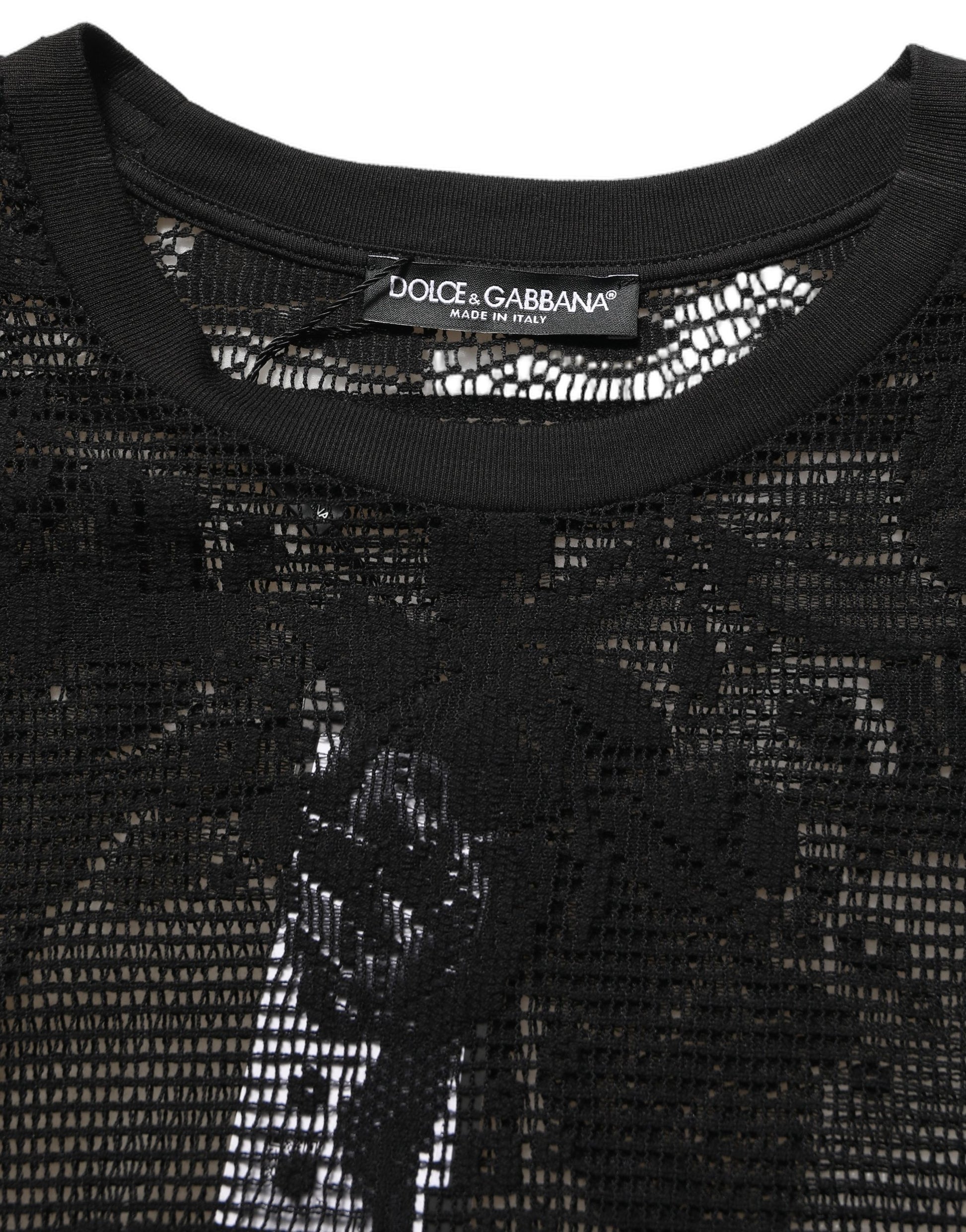 Dolce & Gabbana Black Cotton Floral Lace Crew Neck T-shirt