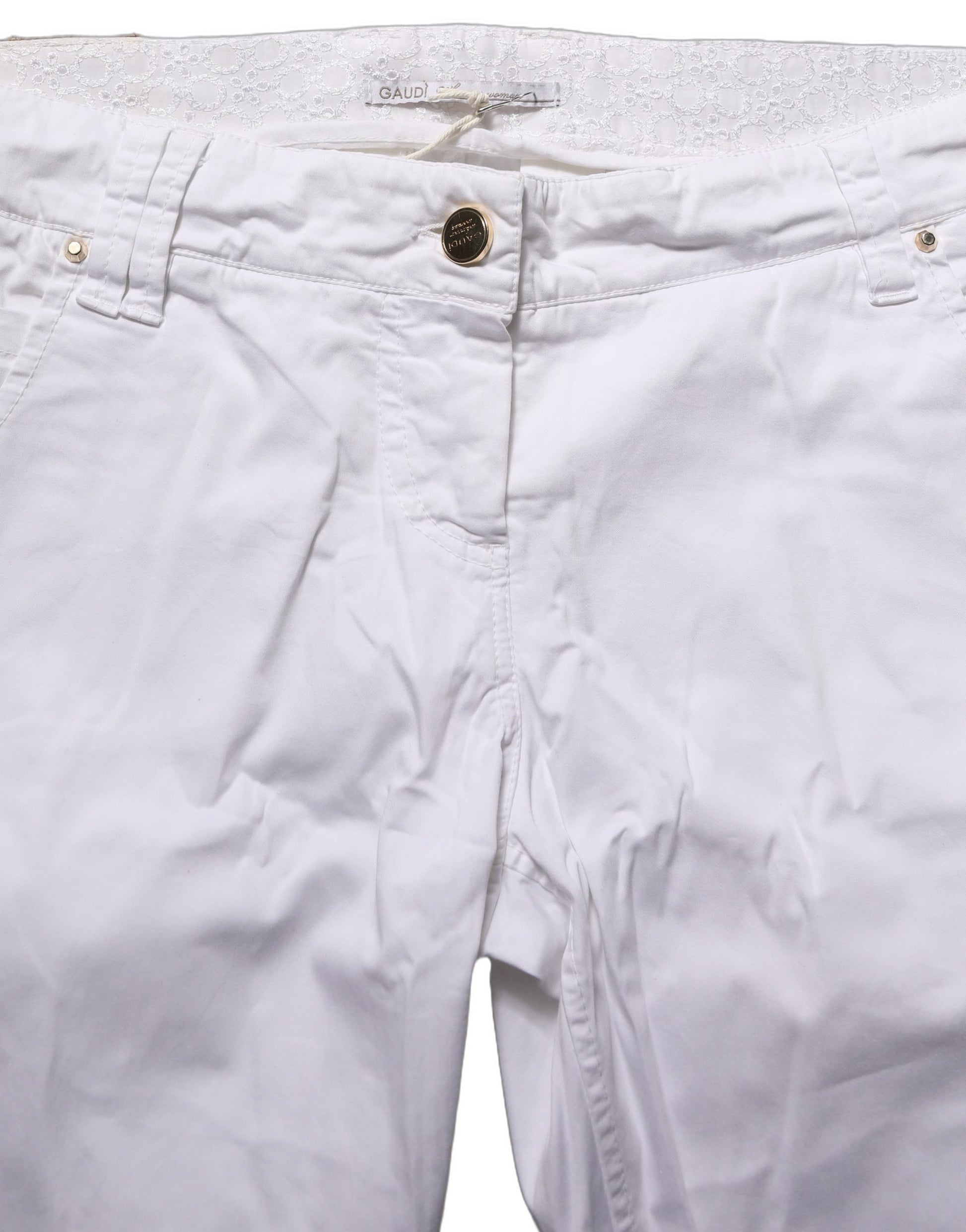 Gaudi White Mid Waist Straight Cropped Cotton Trouser Pants