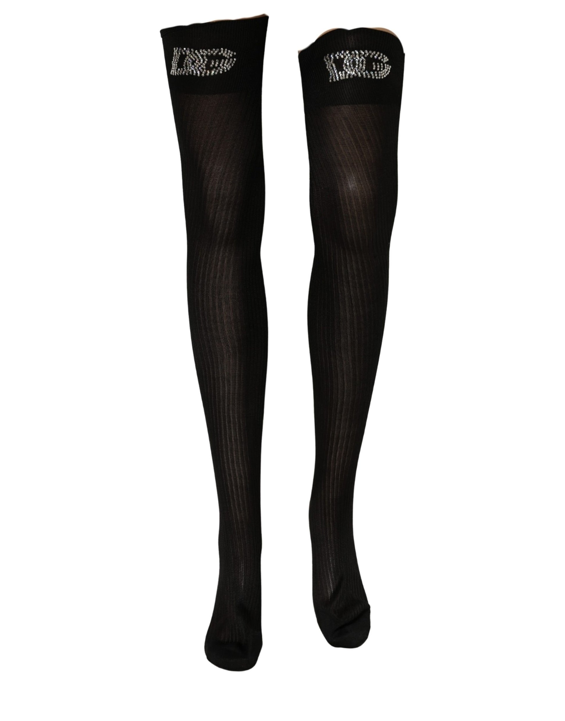 Dolce & Gabbana Black DG Logo Rhinestones Stretch Thigh High Socks