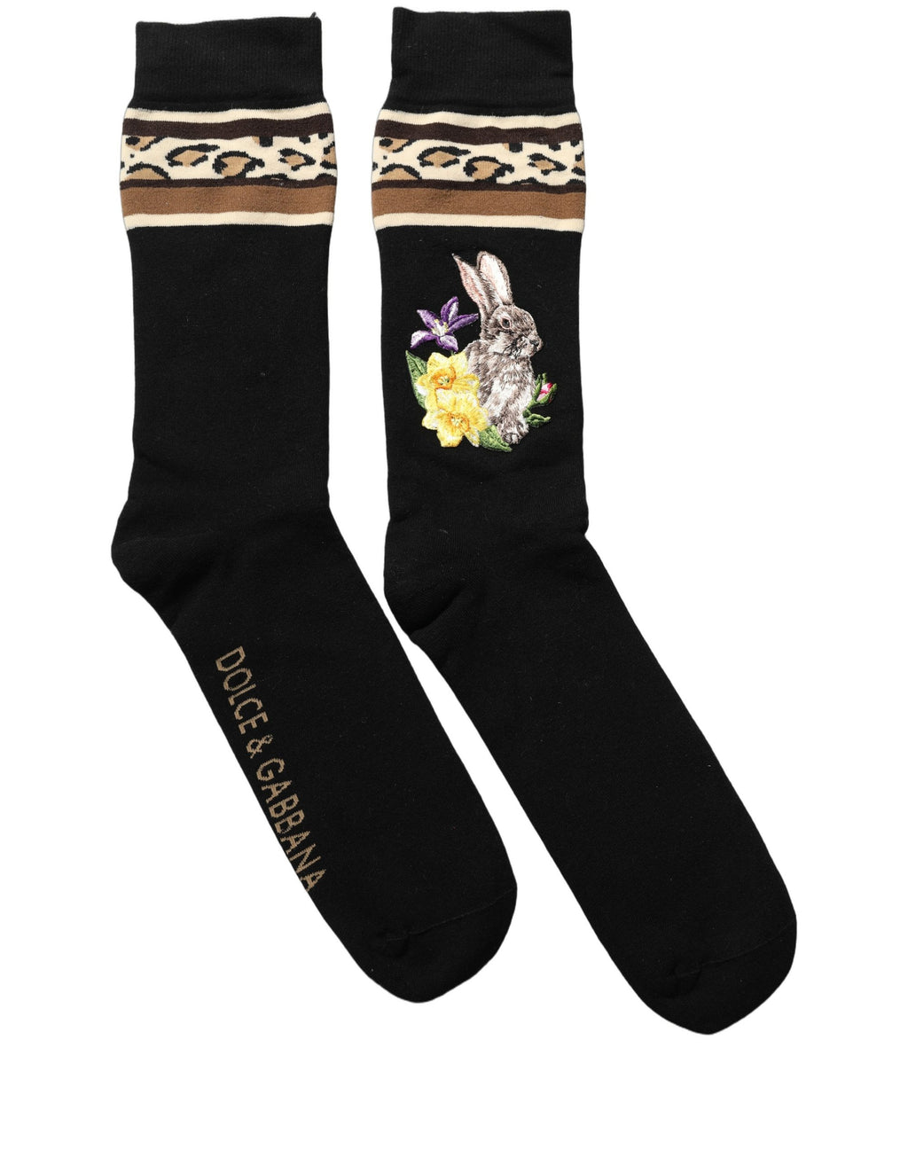Dolce & Gabbana Schwarze Hasen-Blumen-Wolle Wadenhohe Socken
