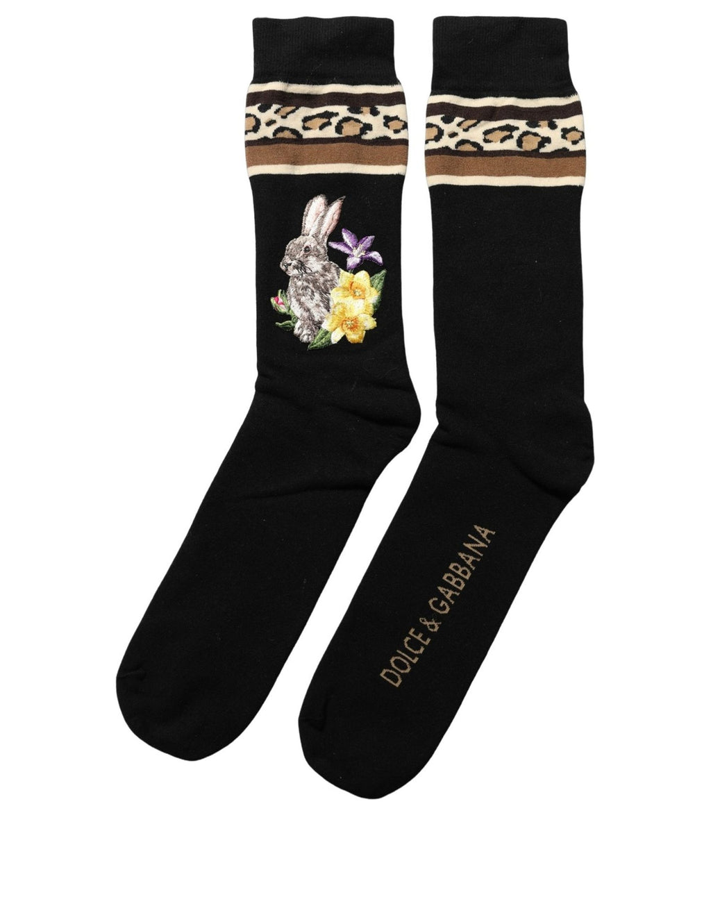 Dolce & Gabbana Schwarze Hasen-Blumen-Wolle Wadenhohe Socken