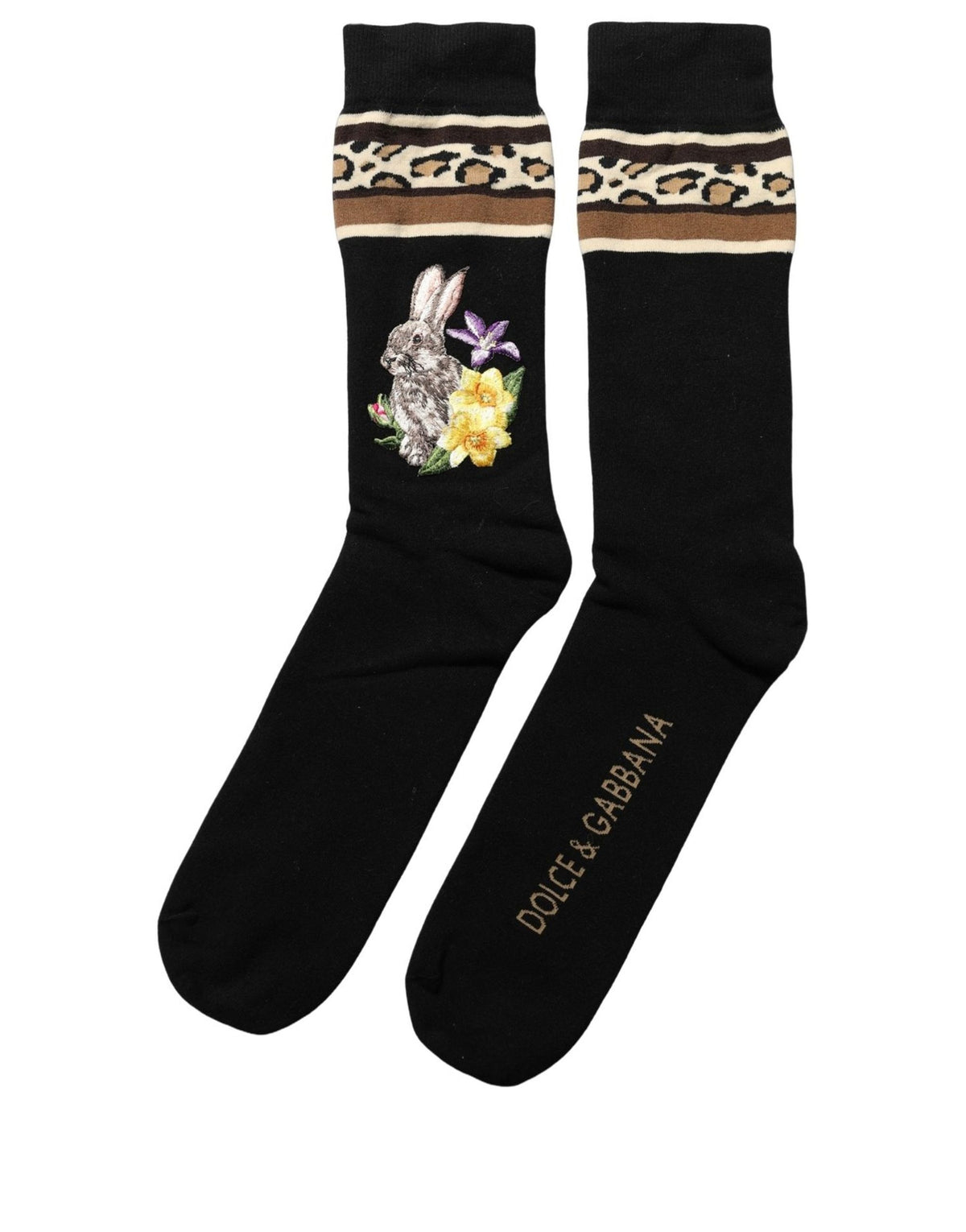 Dolce & Gabbana Schwarze Hasen-Blumen-Wolle Wadenhohe Socken