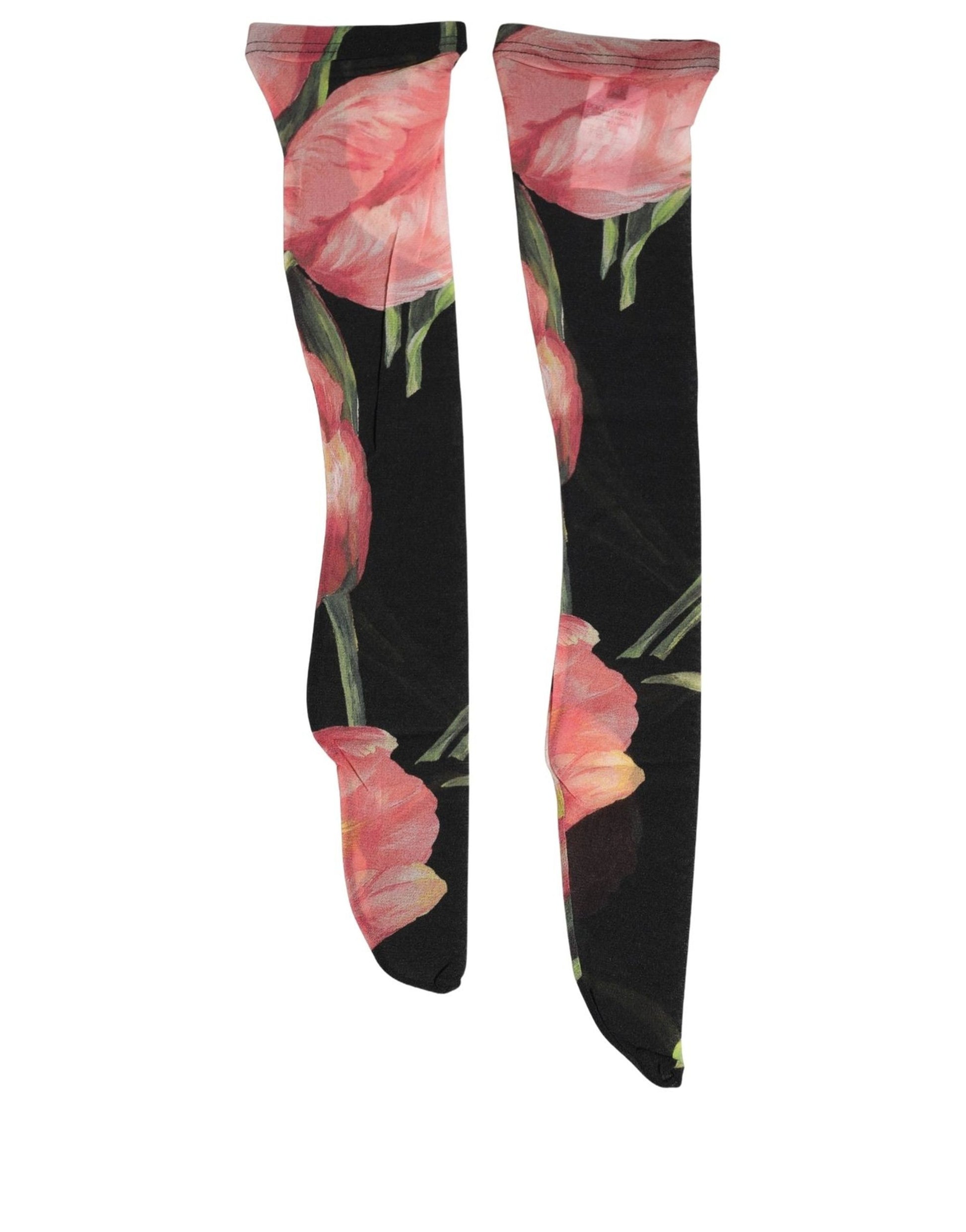 Dolce & Gabbana Black Pink Floral Tulip Nylon Stockings Socks