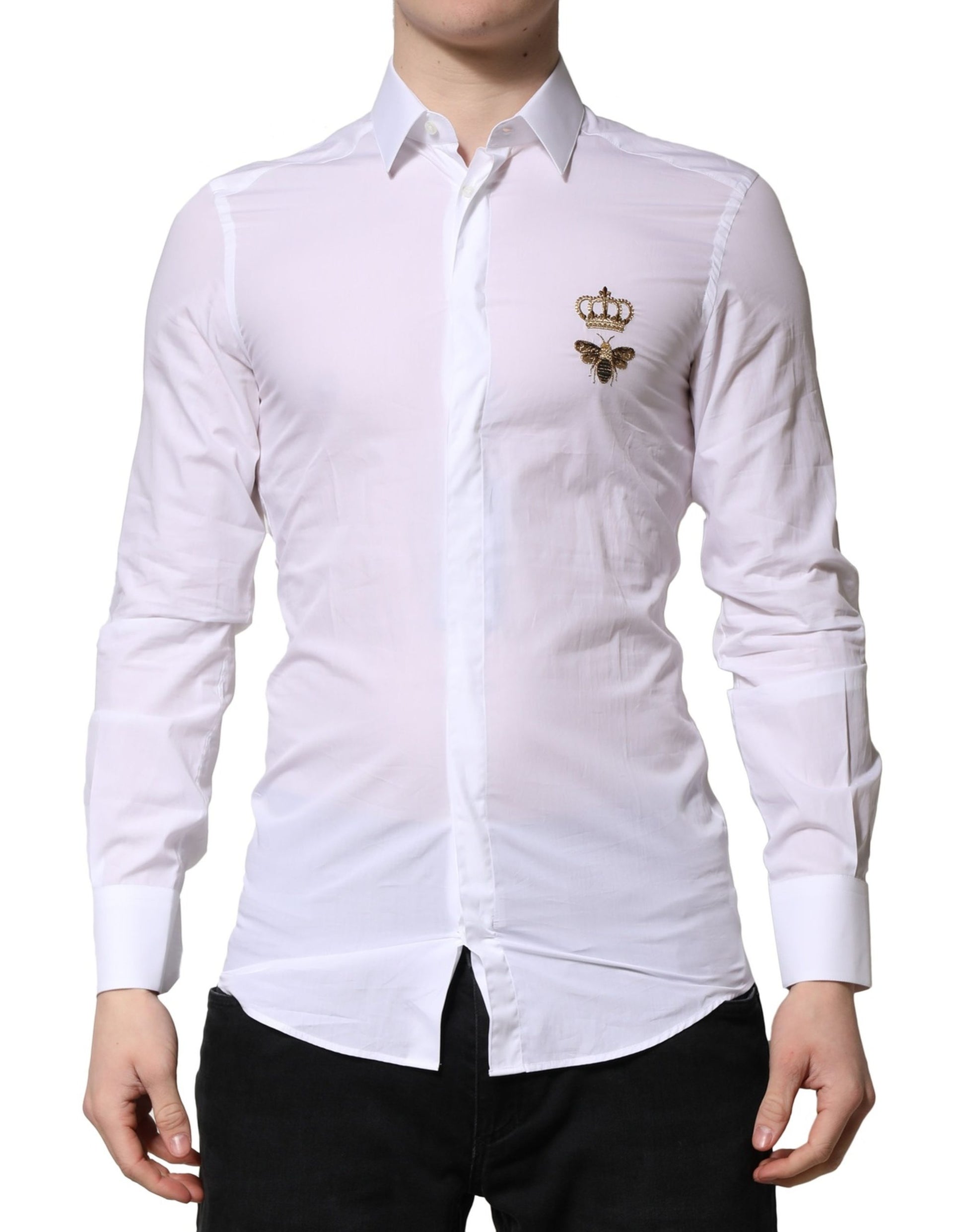 Dolce & Gabbana White GOLD Crown Bee Cotton Formal Dress Shirt