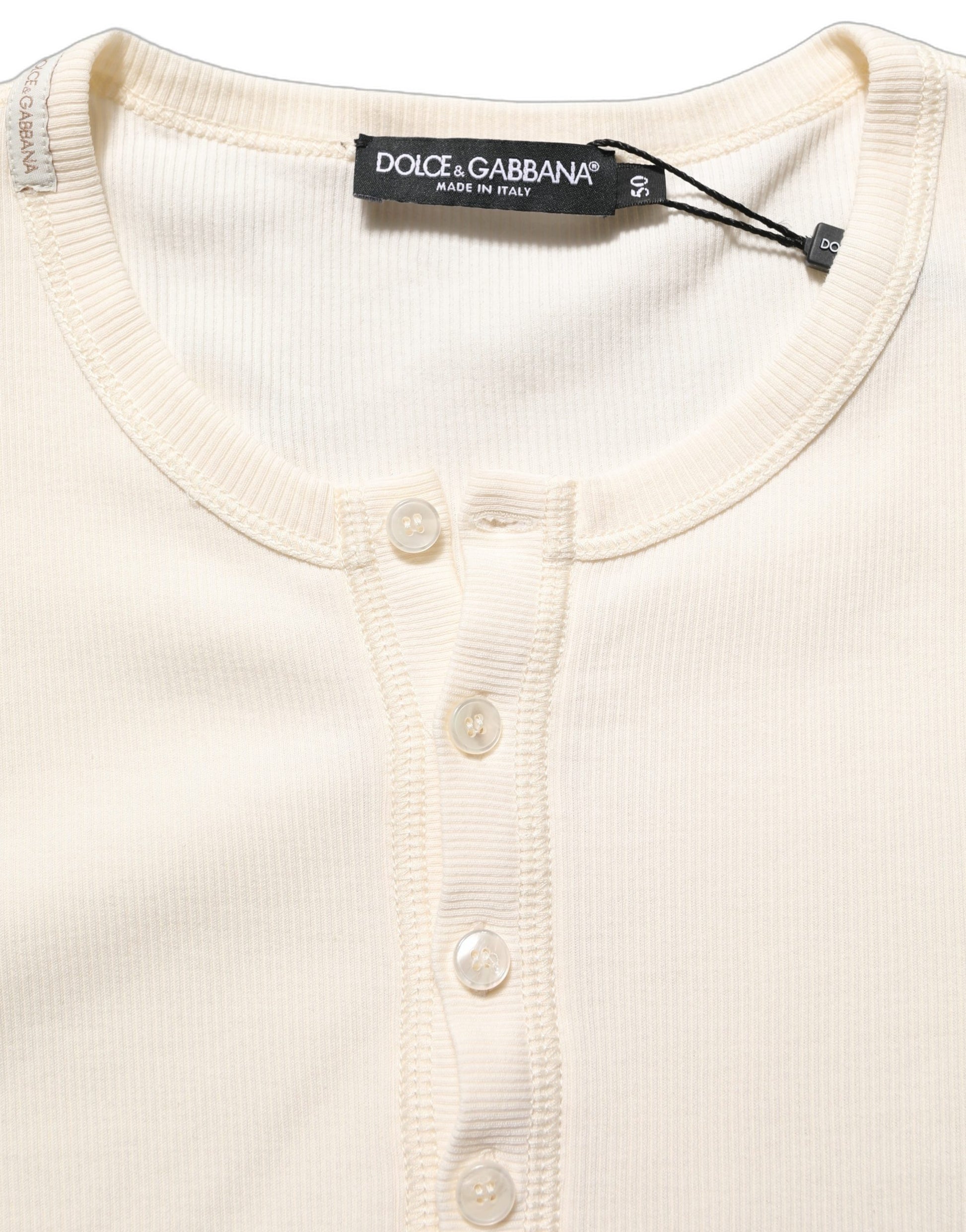 Dolce & Gabbana Off White Cotton Henley Long Sleeves T-shirt