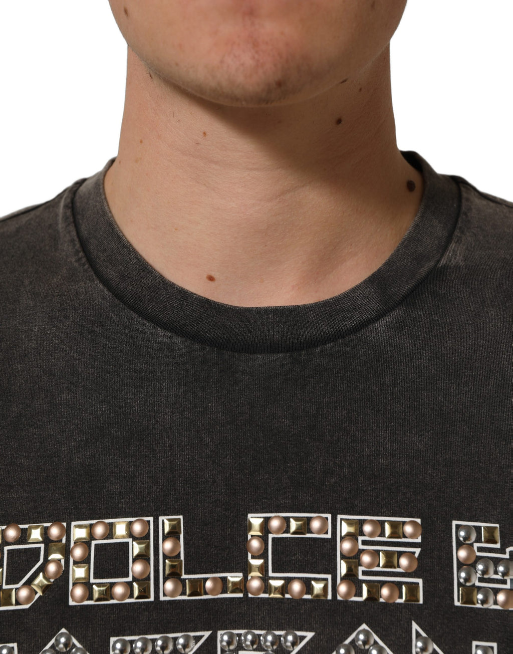 Dolce & Gabbana Gray Cotton Logo Stud Embellished T-shirt