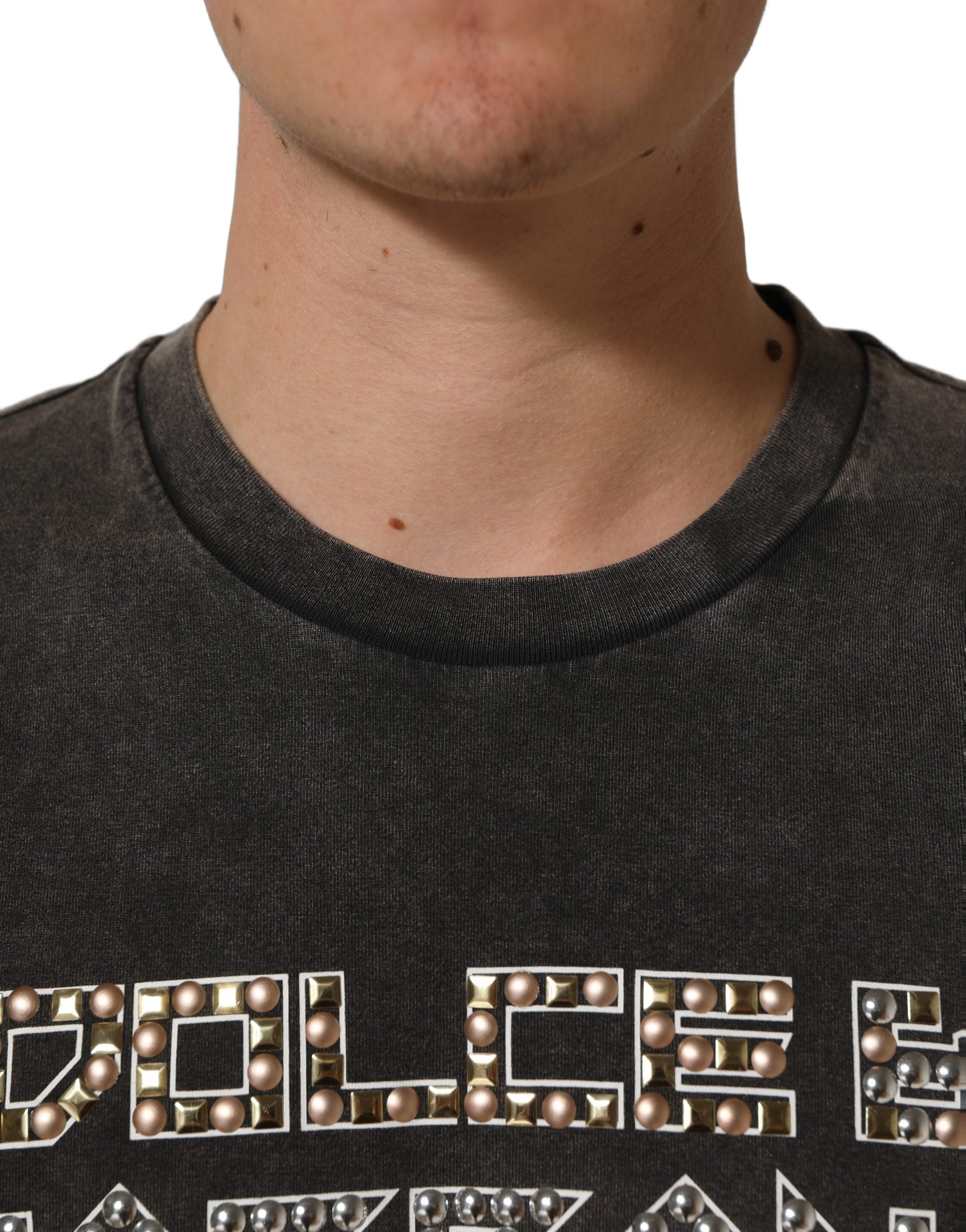 Dolce & Gabbana Gray Cotton Logo Stud Embellished T-shirt