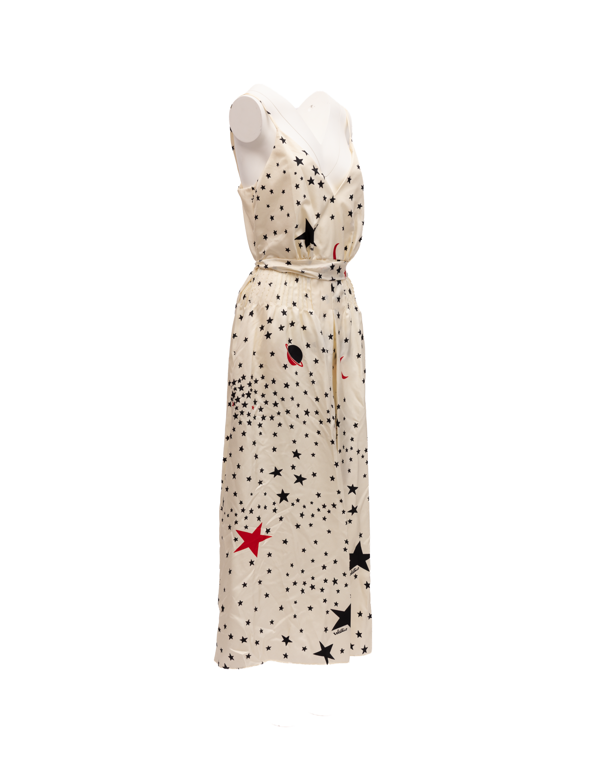 Valentino Garavani Midi Cream With Black And Red Stars Dress
