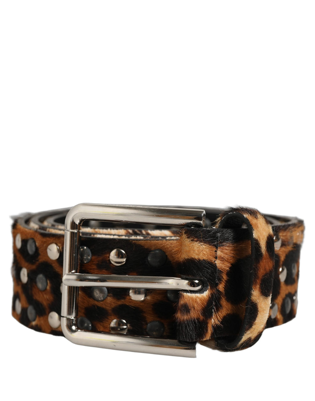 Dolce & Gabbana Brauner Leopard Kalbfell Nieten Metallschnalle Gürtel