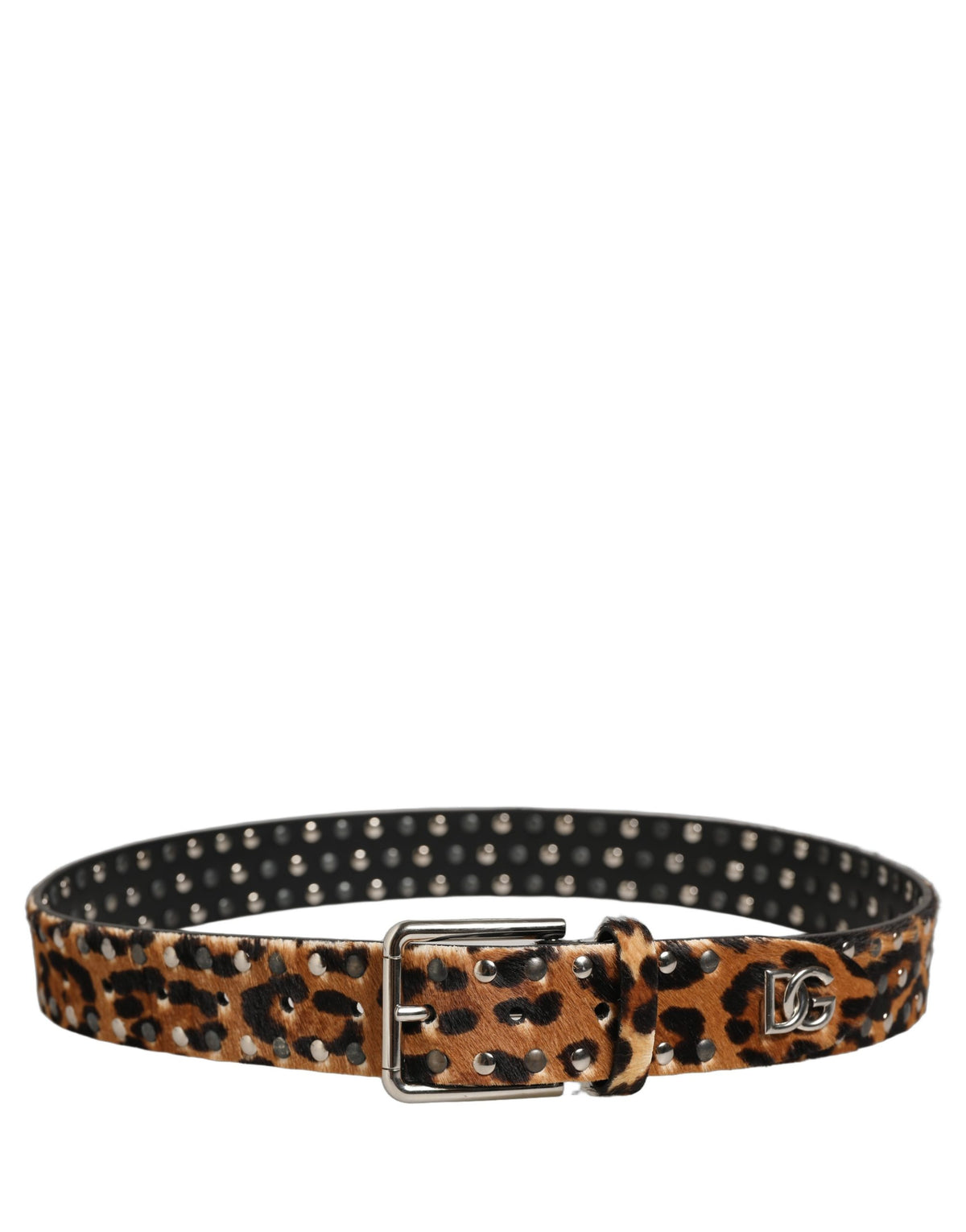 Dolce & Gabbana Brauner Leopard Kalbfell Nieten Metallschnalle Gürtel
