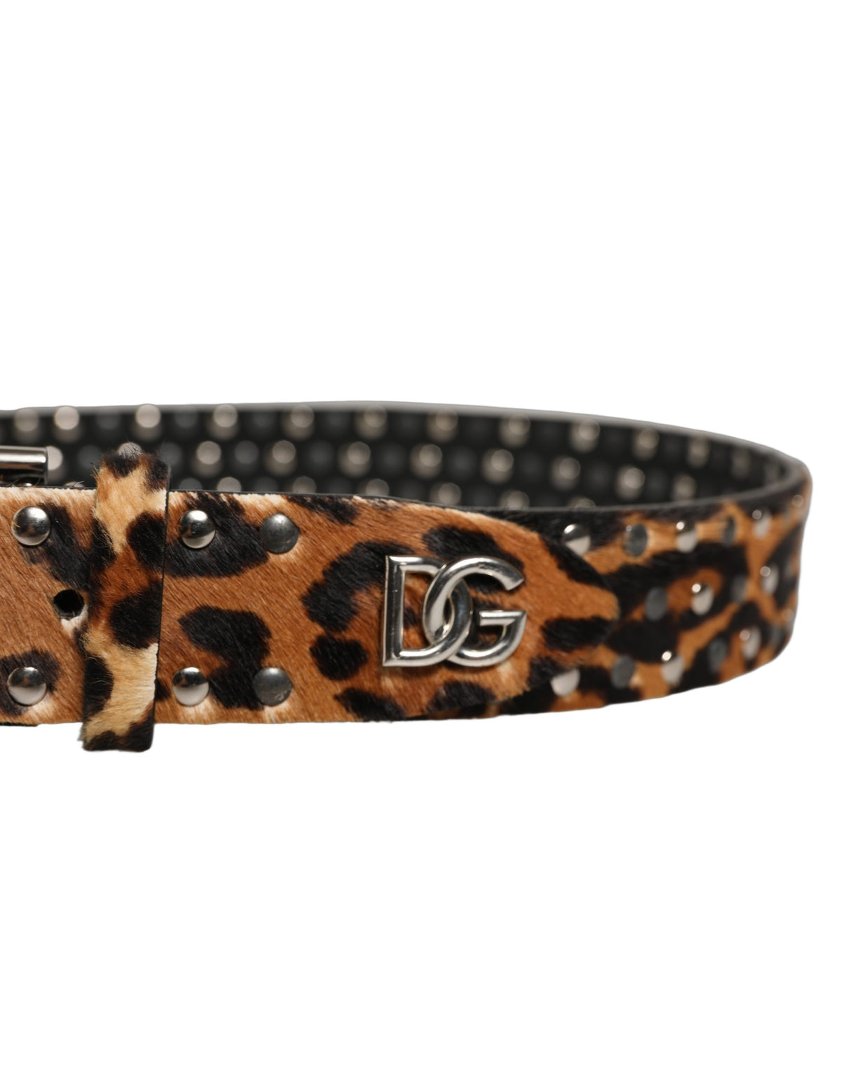 Dolce & Gabbana Brauner Leopard Kalbfell Nieten Metallschnalle Gürtel