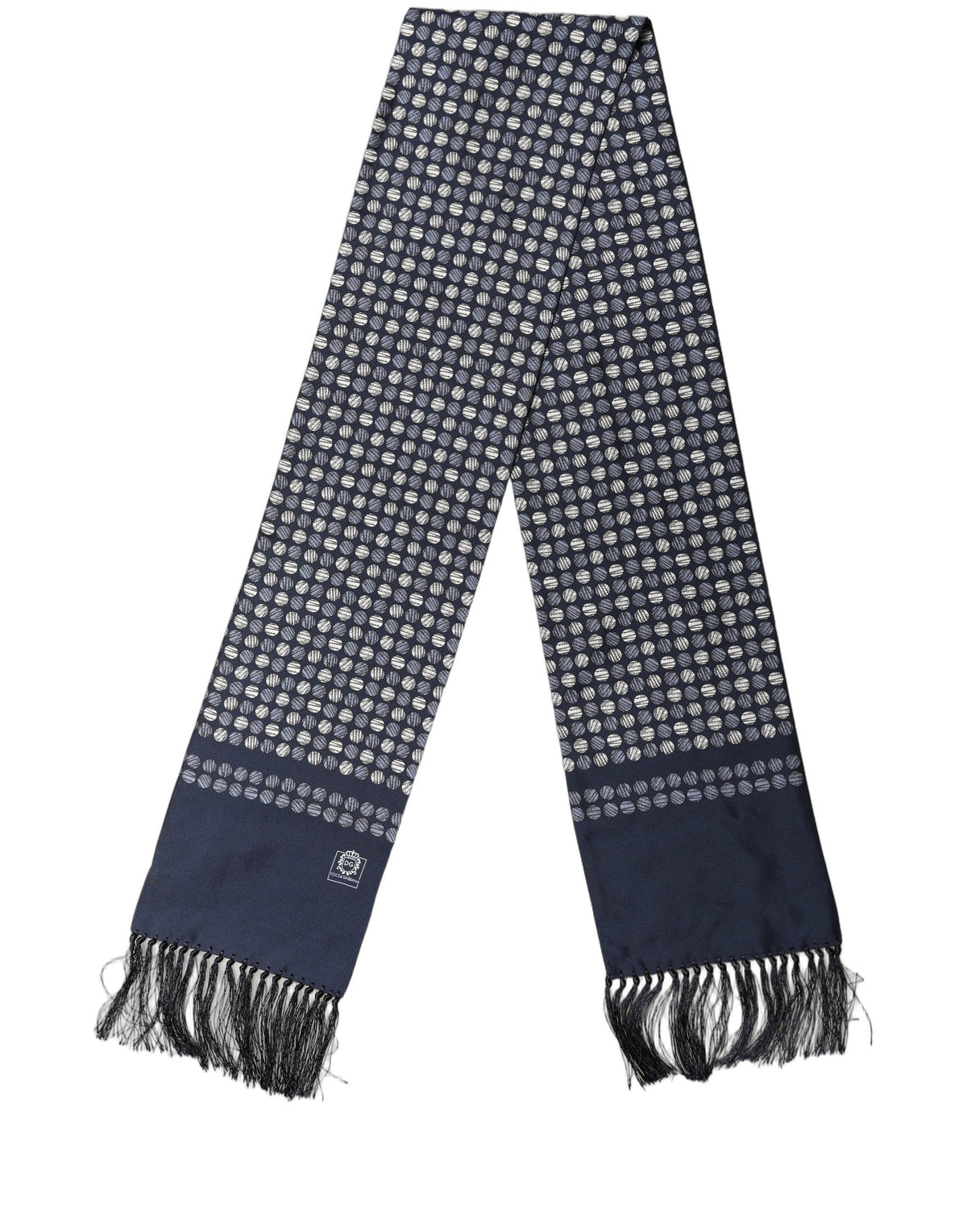 Dolce & Gabbana Men Navy Blue Geometric Dot Silk Fringed Neck Shawl Scarf