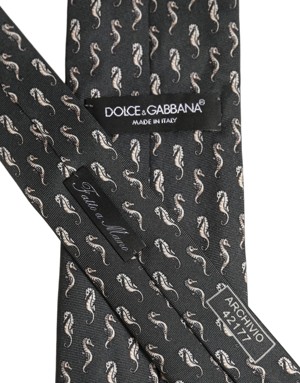 Dolce & Gabbana Herren schwarze Seidenkrawatte mit Seepferdchen-Muster zum Binden