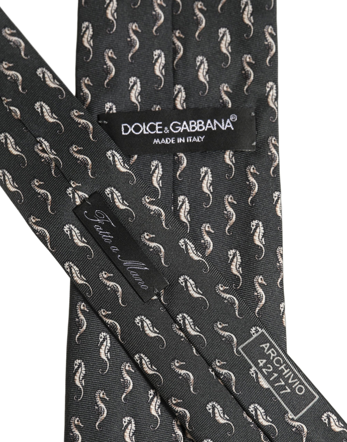 Dolce & Gabbana Herren schwarze Seidenkrawatte mit Seepferdchen-Muster zum Binden