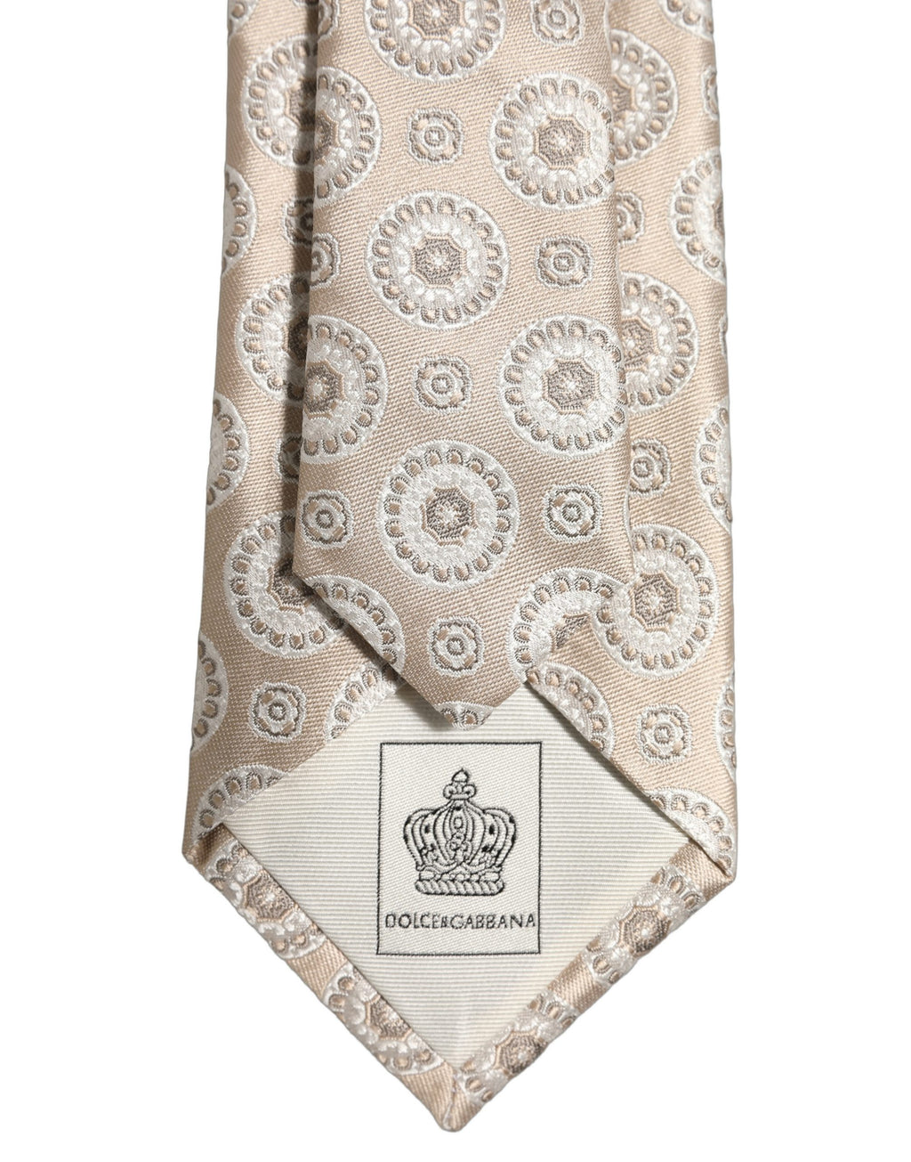Dolce & Gabbana Beige Silk Medallion Circle Adjustable Tied Necktie Tie