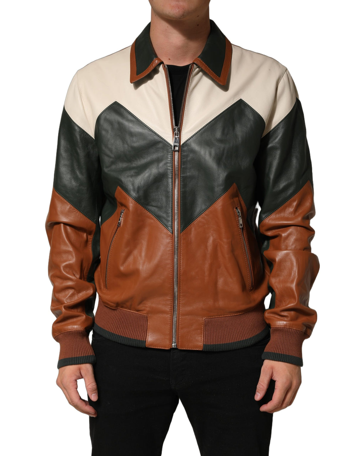 Dolce & Gabbana Multicolored Leather Full Zip Men Jacket