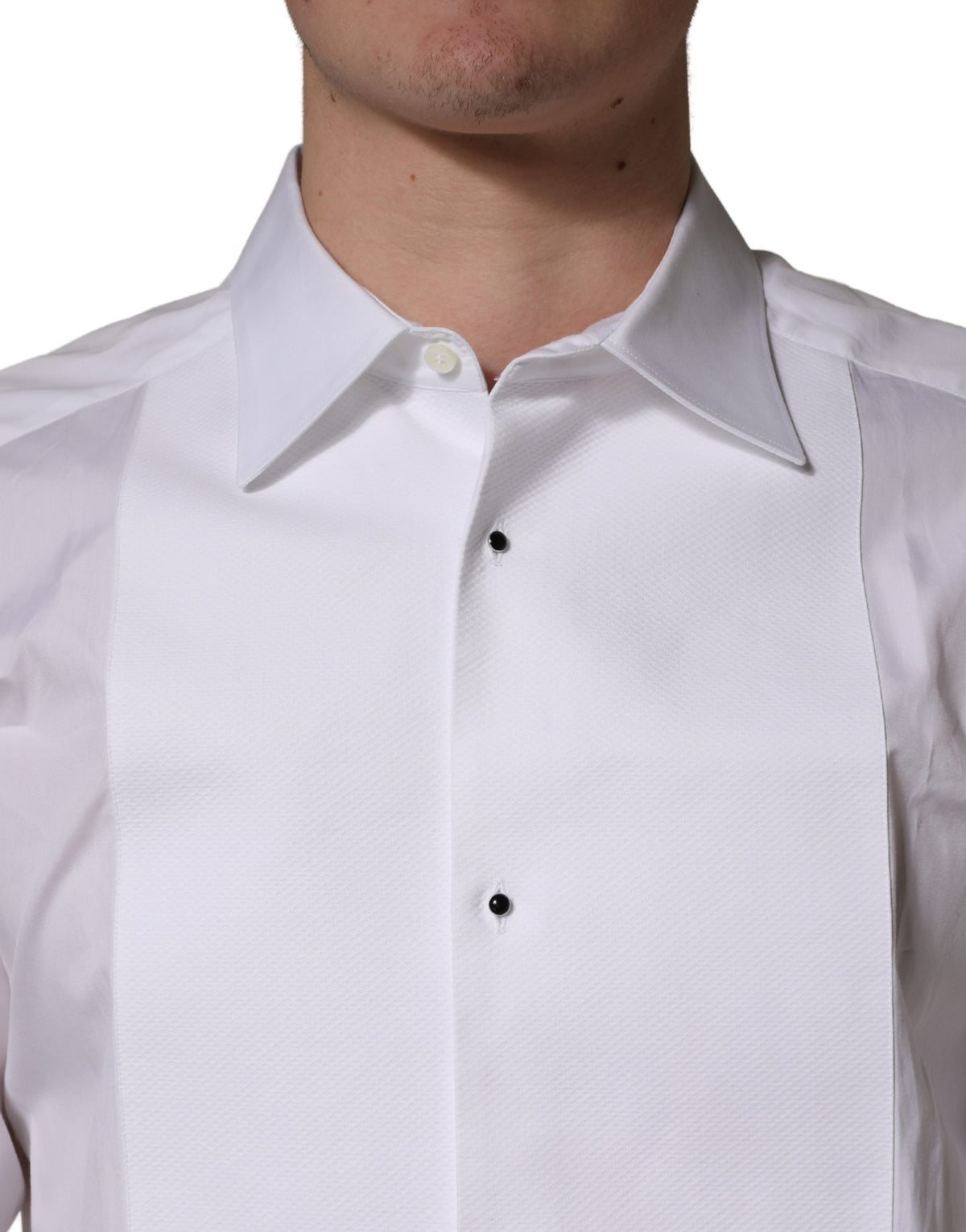 Dolce & Gabbana White Cotton Collared Bib GOLD Dress Shirt