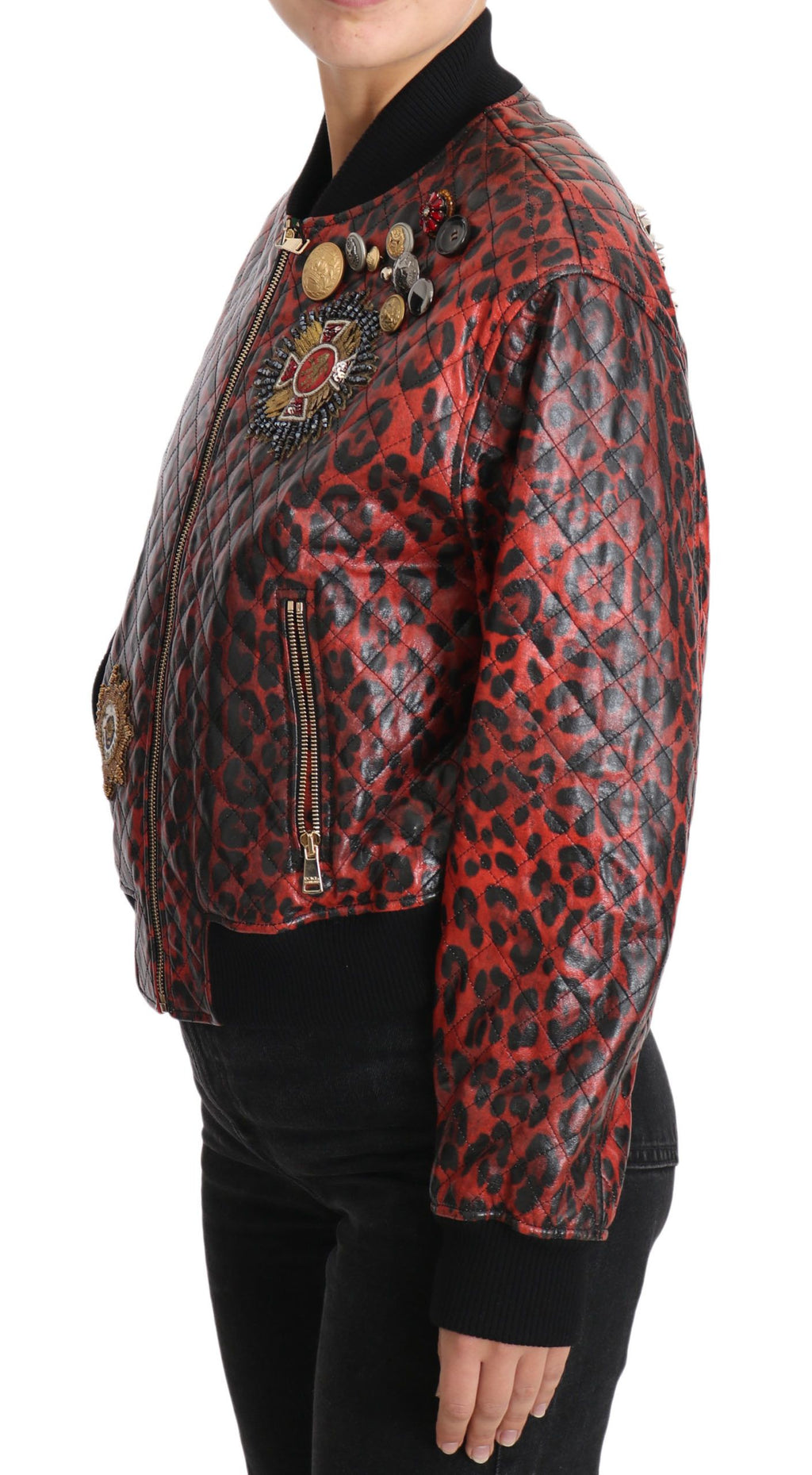 Veste en cuir Dolce & Gabbana rouge léopard à boutons et cristaux