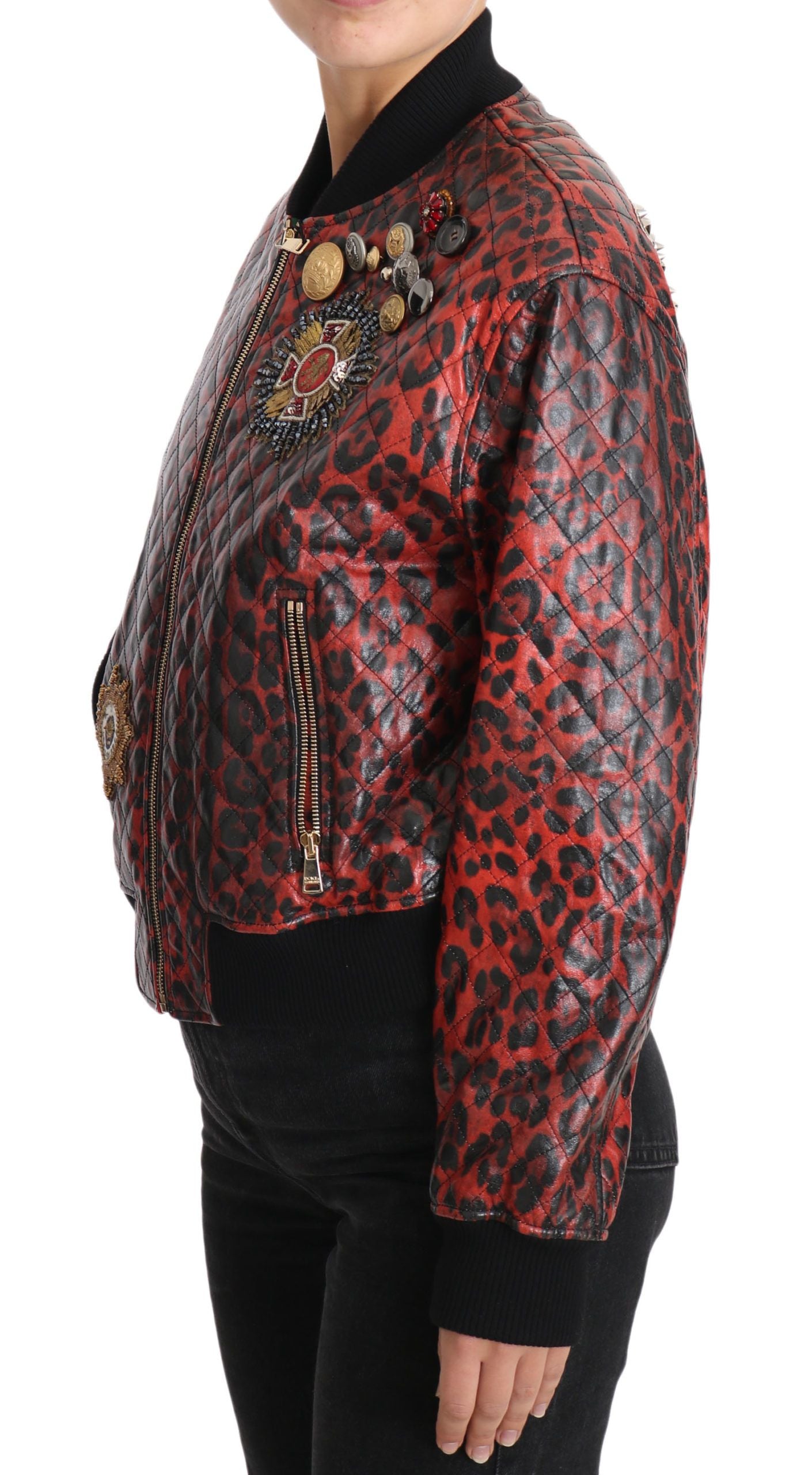 Veste en cuir Dolce & Gabbana rouge léopard à boutons et cristaux