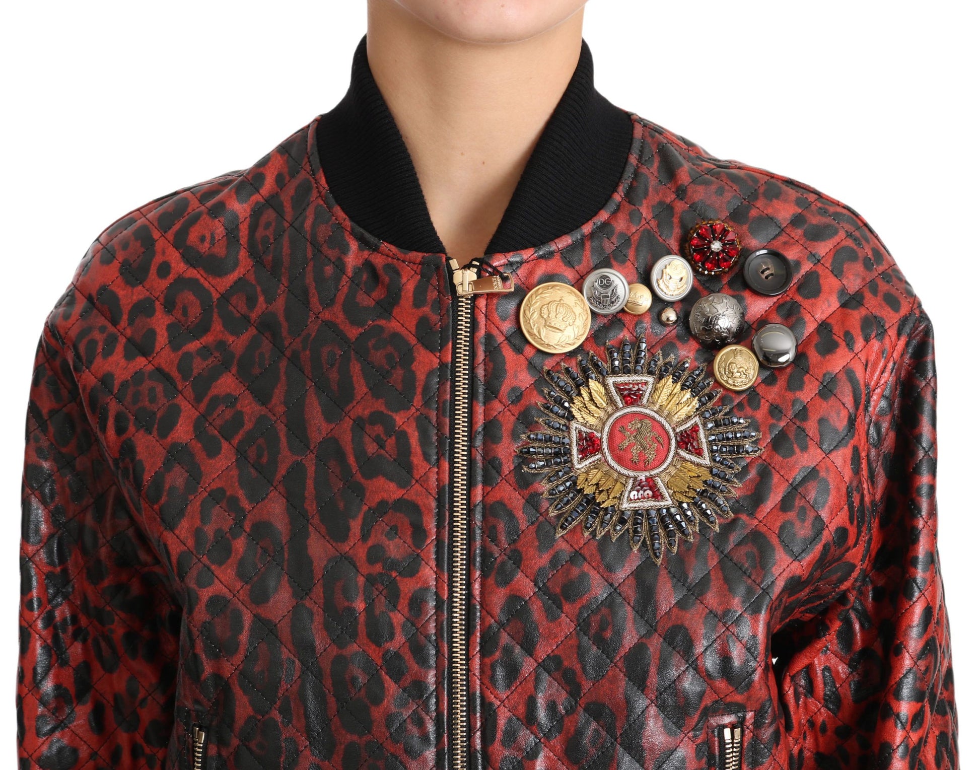 Veste en cuir Dolce & Gabbana rouge léopard à boutons et cristaux