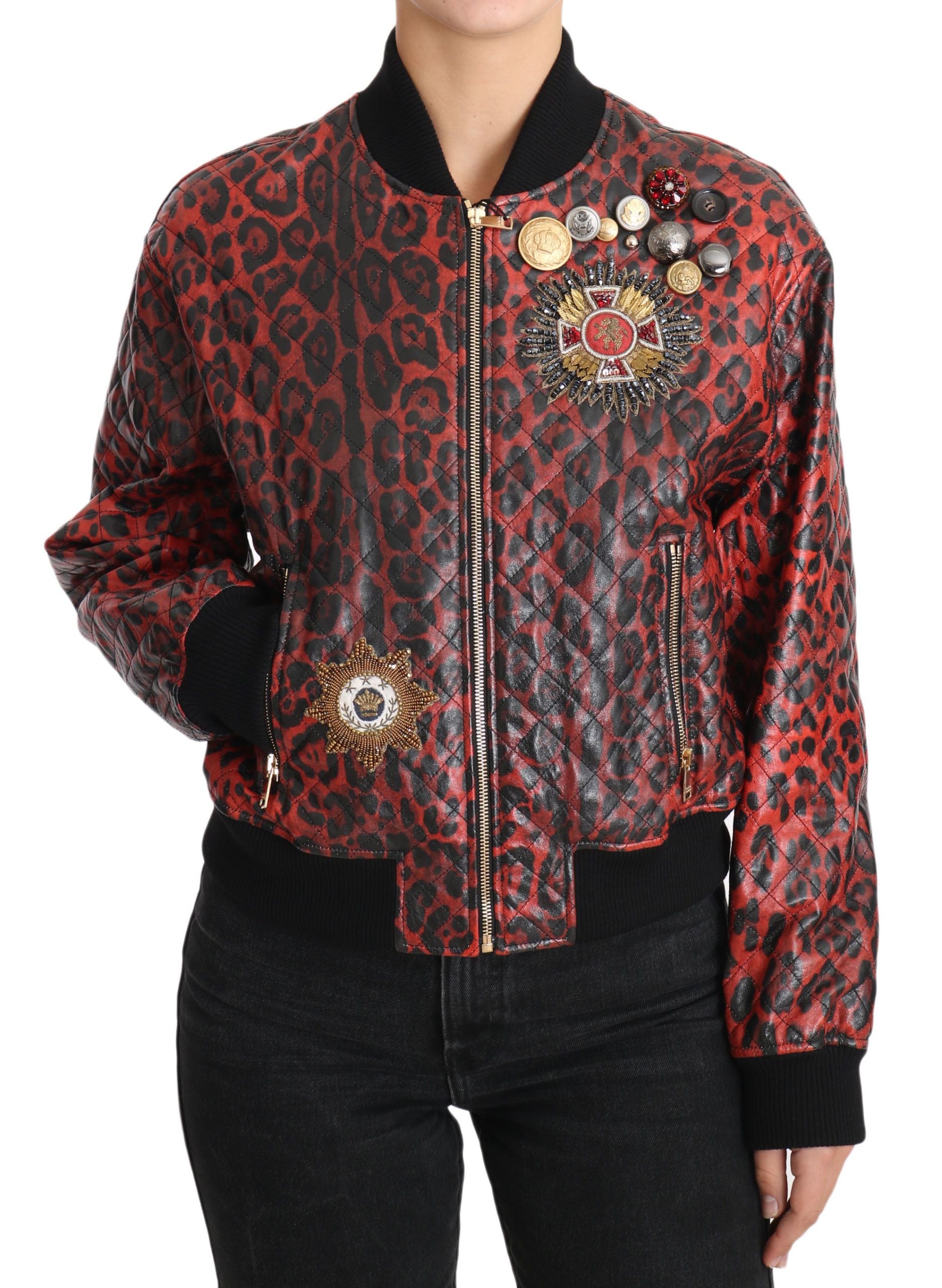 Veste en cuir Dolce & Gabbana rouge léopard à boutons et cristaux