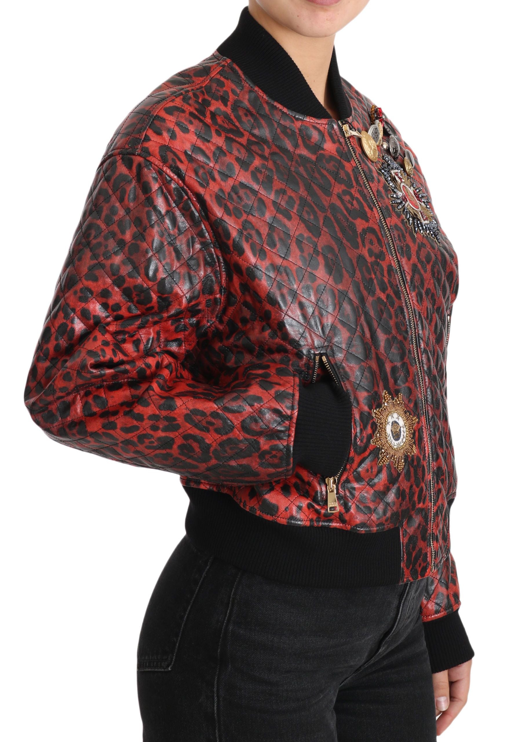 Veste en cuir Dolce & Gabbana rouge léopard à boutons et cristaux