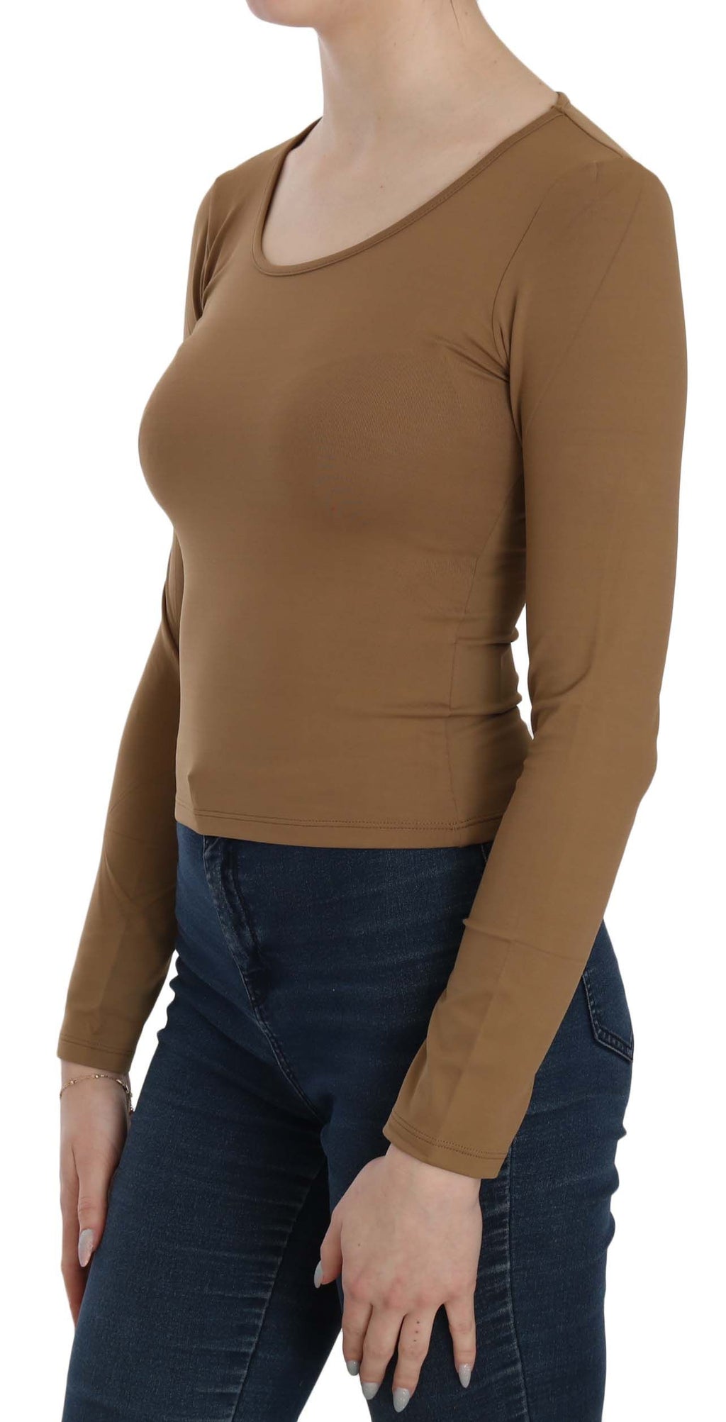 GF Ferre Brown Long Round Neck Sleeve Fitted Shirt Tops Blouse