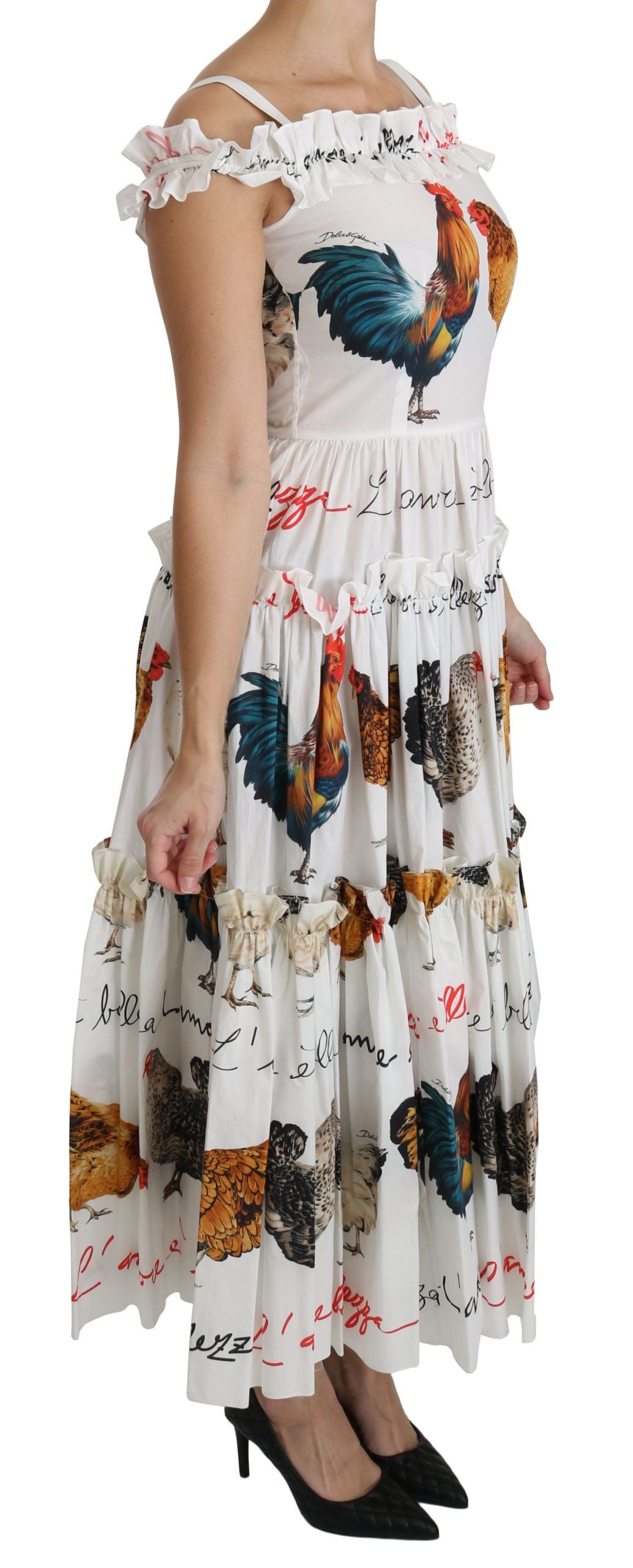 Robe fourreau midi en coton blanc à motif Coq Dolce & Gabbana