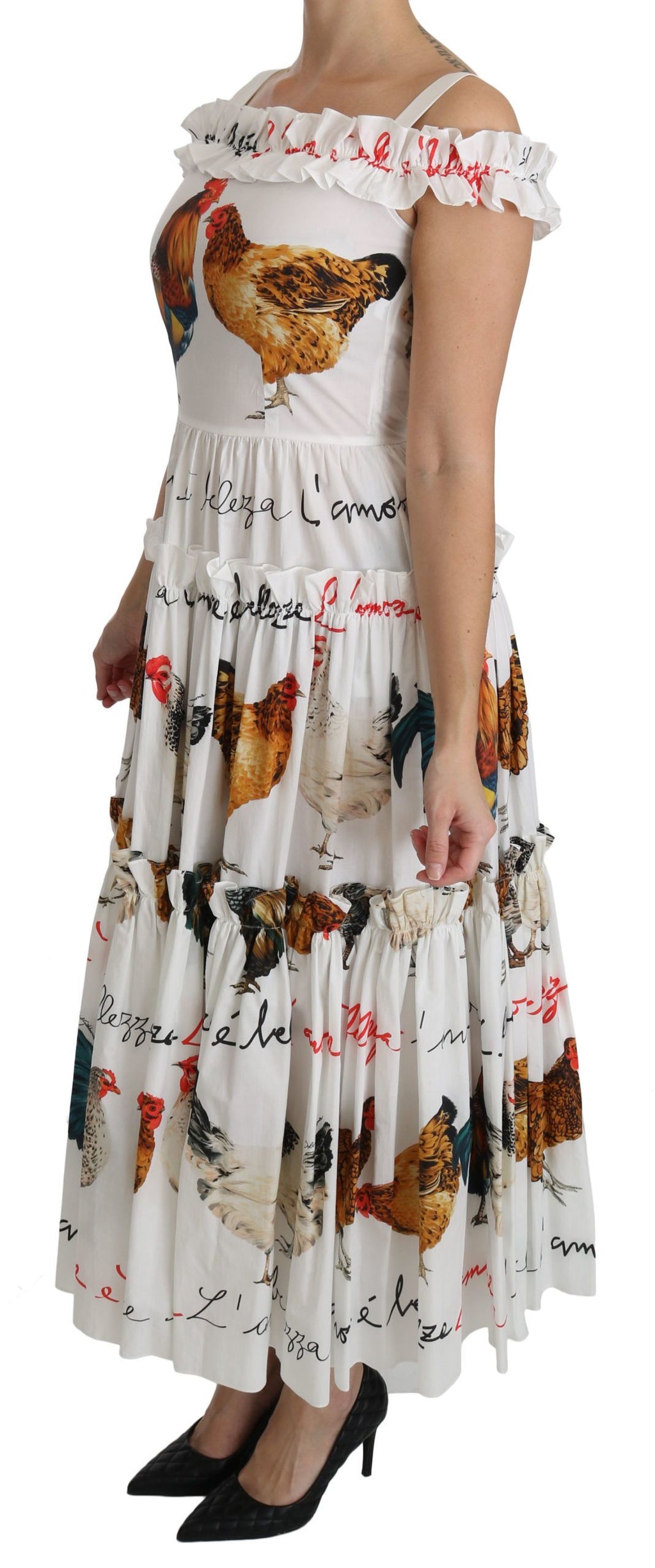 Robe fourreau midi en coton blanc à motif Coq Dolce & Gabbana