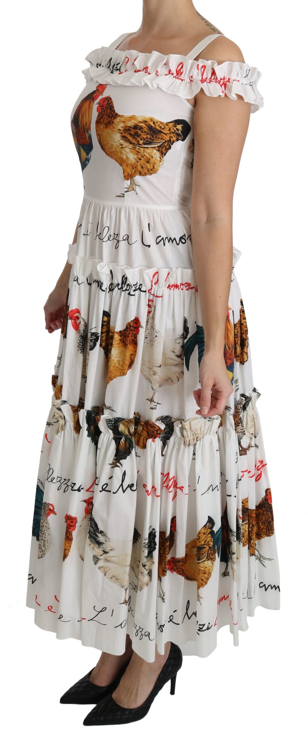 Robe fourreau midi en coton blanc à motif Coq Dolce & Gabbana
