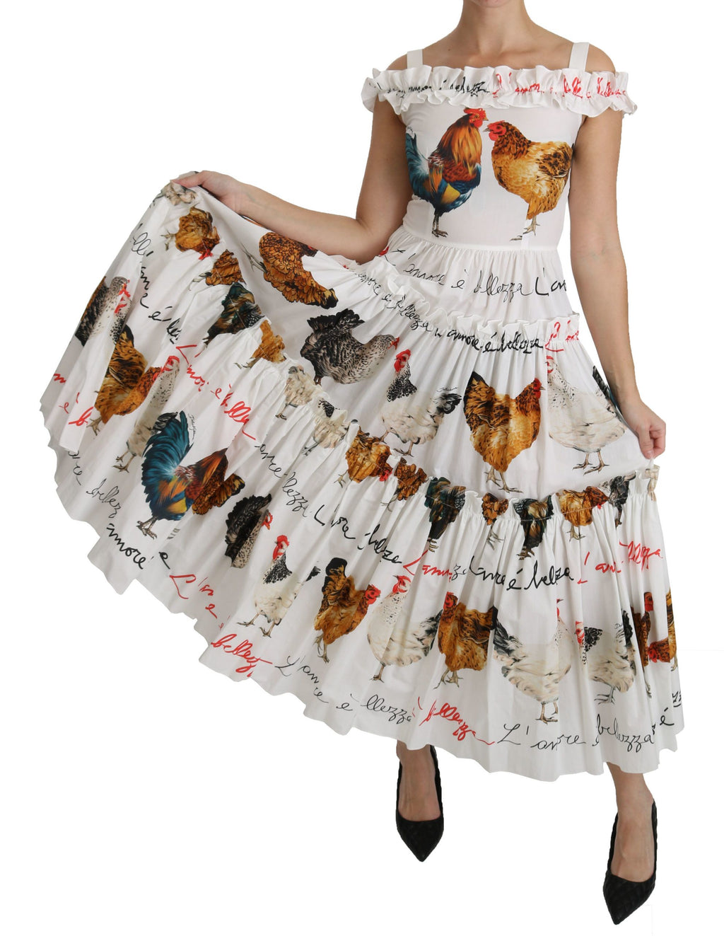Robe fourreau midi en coton blanc à motif Coq Dolce & Gabbana