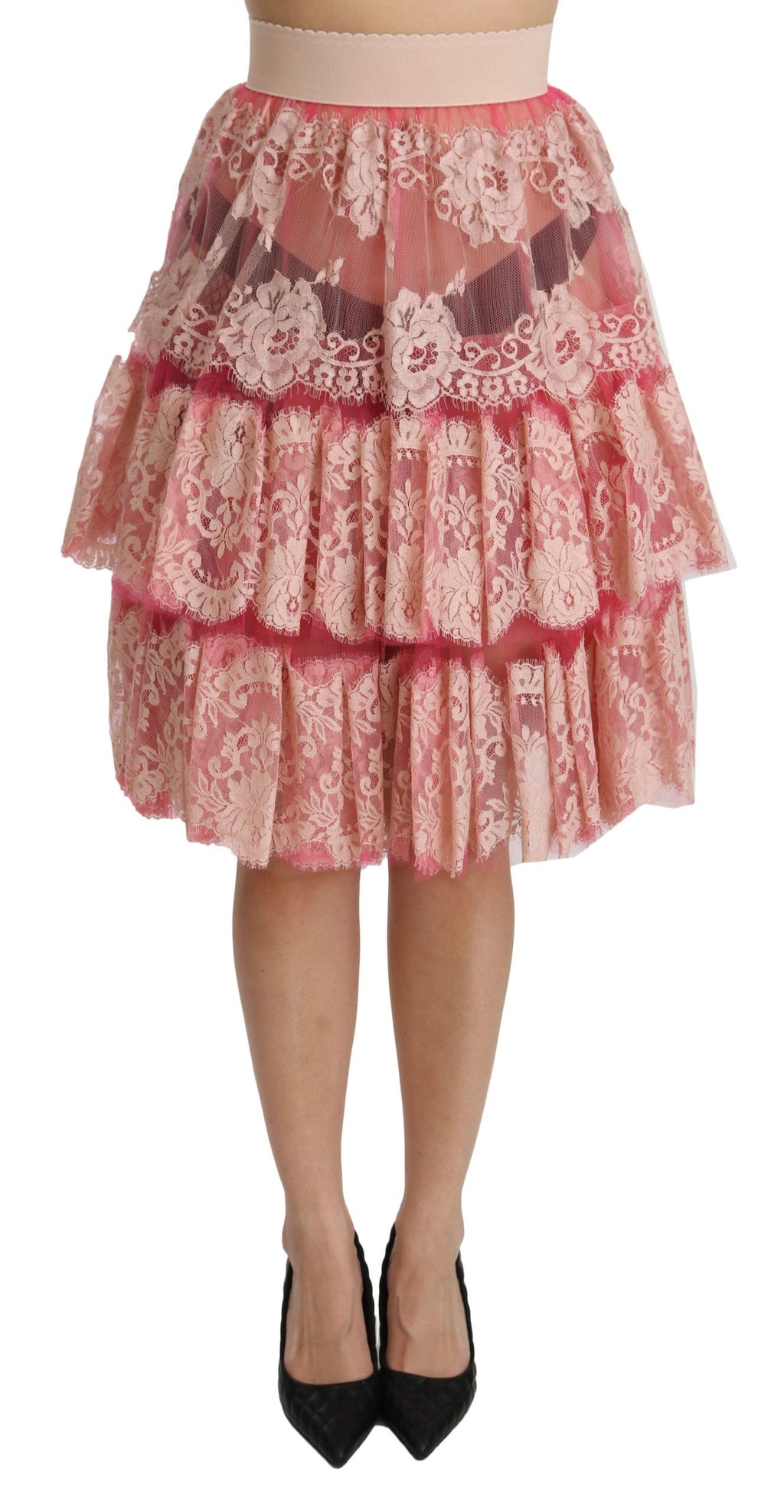 Jupe rose en dentelle superposée taille haute longueur genou Dolce & Gabbana