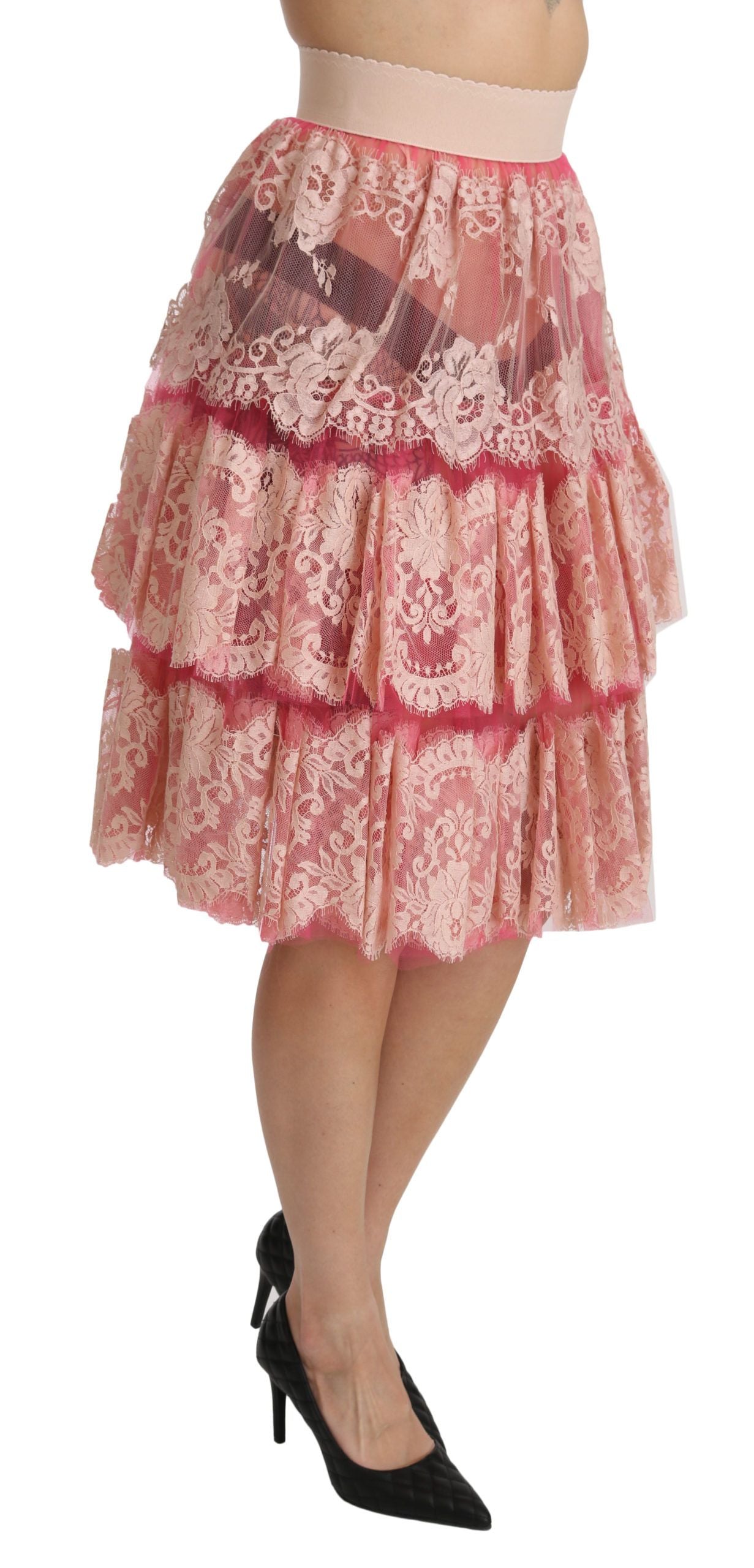 Jupe rose en dentelle superposée taille haute longueur genou Dolce & Gabbana