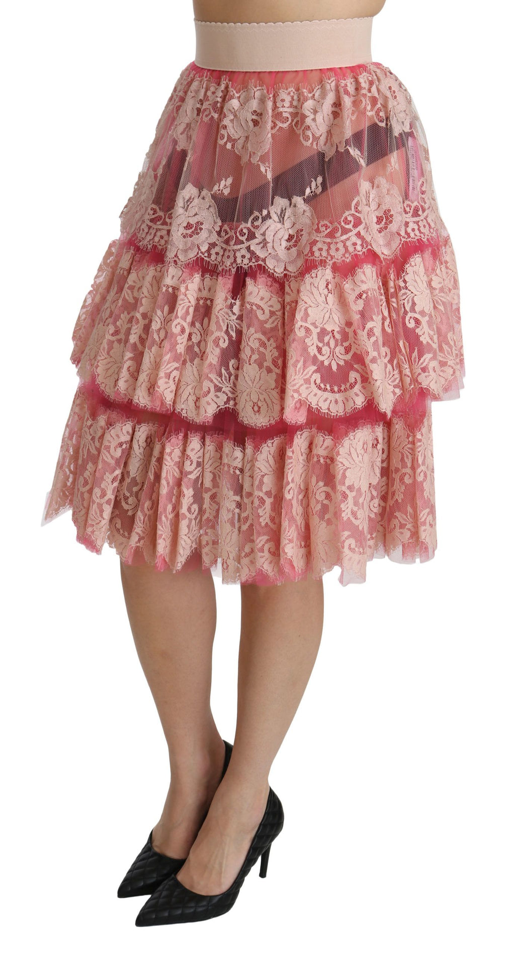 Jupe rose en dentelle superposée taille haute longueur genou Dolce & Gabbana